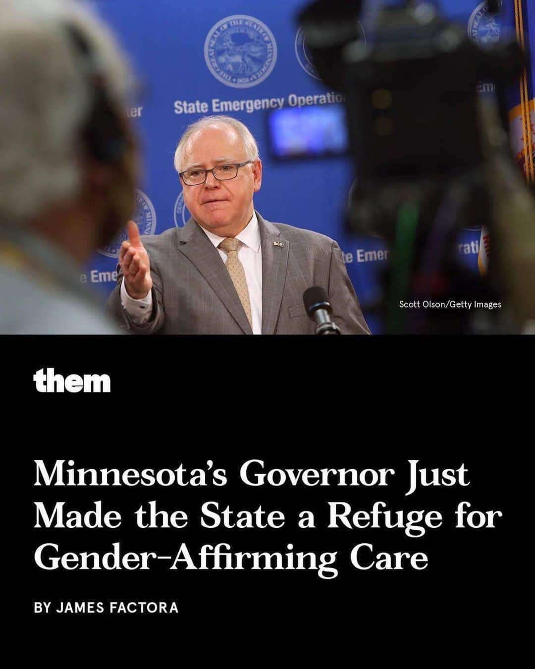 マット・マクゴリーのインスタグラム：「This country is terrifying and exhausting to live in. So glad for a little good news.   Repost @alokvmenon ・・・ “Finally some good news. We need more states to do this and be proactive in creating sanctuary for trans and gender non-conforming people.  repost @them Minnesota Governor Tim Walz just signed an executive order to make the state a refuge for trans people who flee their homes in order to seek lifesaving transition-related care.   On Wednesday, Executive Order 23-03 was signed by the governor, which orders state agencies to protect people seeking gender-affirming healthcare in Minnesota, as well as the entities that provide it. State agencies are also specifically forbidden from providing information or assisting investigations to penalize trans people and their allies for seeking transition-related care. Judgments from other states that terminate parental rights because the parent provided their child with transition-related care will not be recognized by the state of Minnesota, and the state will also refuse to comply with subpoenas that seek information about trans people who travel to Minnesota to obtain care. Additionally, the executive order tasks the Minnesota Department of Health (MDH) with preparing a report that summarizes the literature on the safety and effectiveness of gender-affirming care, to be presented to the Governor, Lieutenant Governor, and Legislature by the end of the year. The order also strengthens protections for insurance coverage of transition-related care and mandates MDH to refuse to approve HMO contracts that discriminate against people on the basis of sex, sexual orientation, gender identity, or gender expression.   Noting that other states have “curtailed access to, or even criminalized” transition-related care, Walz’s executive order recognizes that “these actions pose a grave threat to the health of LGBTQIA+ individuals by preventing them from affirming their gender identities through safe and scientifically proven treatments.” Head to the link in bio to read more. “」