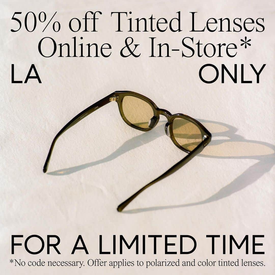 JINSのインスタグラム：「On the fence about color lenses? Try them today and take 50% all our color tinted and polarized lenses. Choose from pink, green, yellow, brown, and gray. Available online and at our LA stores.」