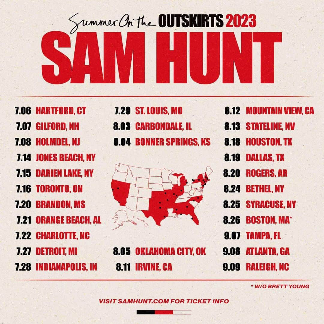 サム・ハントさんのインスタグラム写真 - (サム・ハントInstagram)「Tickets are on sale now. Summer On The Outskirts 2023. Featuring special guests @brettyoungmusic & @lilyrosemusic   Visit Samhunt.com for tickets and VIP packages.  #Outskirts2023」3月11日 3時01分 - samhuntmusic