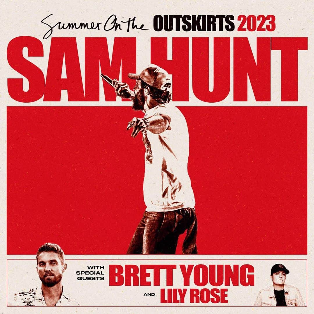 サム・ハントのインスタグラム：「Tickets are on sale now. Summer On The Outskirts 2023. Featuring special guests @brettyoungmusic & @lilyrosemusic   Visit Samhunt.com for tickets and VIP packages.  #Outskirts2023」