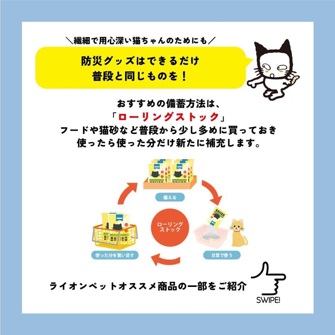 ライオン商事株式会社さんのインスタグラム写真 - (ライオン商事株式会社Instagram)「＼一緒に考えよう❗️猫の防災対策🐈／  災害への備えが必要なのは、人間も猫も同じです。 フードや水、猫砂やトイレ用品、衛生グッズなどは、 普段から多めにストックし、１つ使ったら買い足すようにしておくと安心。  いつ起こるかわからない災害に備えて、ヒトだけでなく愛猫のための防災グッズや避難方法についても見直しておきましょう。👀  ※この投稿は、環境省の『災害、あなたとペットは大丈夫？人とペットの災害対策ガイドライン＜一般飼い主編＞』を参考引用して作成しています。 出典：環境省ホームページ（https://www.env.go.jp/）  ■備えておきたい愛猫の防災グッズ 一般的に3日～5日以上の避難生活に備えることが求められていますので、 愛猫と避難する場合でも、この期間を想定して準備しましょう。  ■同行避難と同伴避難 ペットを連れて避難するには同行（どうこう）避難と同伴（どうはん）避難があります。 飼い主さんは、事前に近隣の避難先にペットの受け入れ体制がある#ぼうさいかを調べたり、 避難生活で発生するペットの問題に自分のペットが対応できるかを確認しておきましょう。  ■避難時のトラブルを防ぐために 平常時から下記のことを済ませておきましょう ・ケージや家具は固定し、落下や転倒を防止する ・ゲージやキャリーバッグに慣れさせておく ・各種ワクチンの接種 ・ノミ・マダニなどの寄生虫の駆除・予防 ・首輪と迷子札、マイクロチップの装着　など  ■急に預ける場合にも備える 災害時だけでなく、飼い主さんの急病時や入院時に 愛猫のお世話ができなくなる場合にも備えることも必要です。 すぐに愛猫を預けることができるように、知人や動物病院などへの預け先を確保しておきましょう。  しっかりと備えておくことで、 いざという際に速やかに、 落ち着いて行動することができます😌  愛猫をどのように守り避難させるか、 非常用持ち出し袋や備蓄物資などについて 日頃から家族と相談し、災害に備えておくことが重要です。  この機会に、ご家庭の愛猫の防災対策を見直してみませんか？☘️🐱  #猫 #防災対策 #ペット防災 #防災 #防災リュック #3月11日 #猫のいる暮らし #猫好きさんと繋がりたい #ねこ #ねこすたぐらむ #ねこのいる生活 #ねこ部 #ネコ #保護猫 #保護猫と暮らす #保護猫出身 #同行避難 #同伴避難 #猫おやつ #猫砂 #猫トイレ #ローリングストック #ニオイをとる砂 #ペットキレイ #シュシュット @lion_pet_cat」3月11日 10時28分 - lion_pet_cat