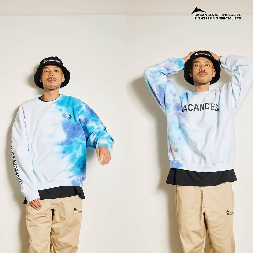 Dickies_projpのインスタグラム：「●  BACANCES 2023 SS Mar delivery.  BC CREW NECK TIE DYE  Coming 3/24.  左半身だけTIEDYE染めをしたクルーネックスウェット。  両袖には”心は丸く”な漢字の心を赤色で、BACANCES ALLINCLUSIVEを漢字当て字で”休暇全統括的”と胡散臭いデザインがプリントされております。  裏返すとBACANCESロゴプリントとDYEの織りネームが縫い付けてあり無理矢理リバーシブルでも着用出来ます。  TIEDYE染めは、もちろん巷で大人気の染め師YUKI DYEによる安心安定丁寧な手仕事によるものです♫  #bacances #bacances_jp #bacances_allinclusive #yukidye」