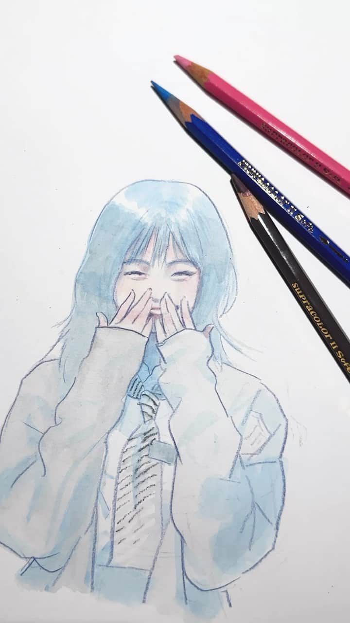 門小雷のインスタグラム：「Paint with 3 Watercolor Pencils💙💜🖤」