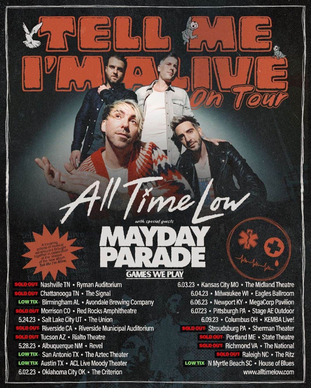 All Time Lowさんのインスタグラム写真 - (All Time LowInstagram)「Low ticket alert for Birmingham, San Antonio, Austin, and Myrtle Beach on the US leg of #TellMeImAliveOnTour🚨」3月12日 2時09分 - alltimelow