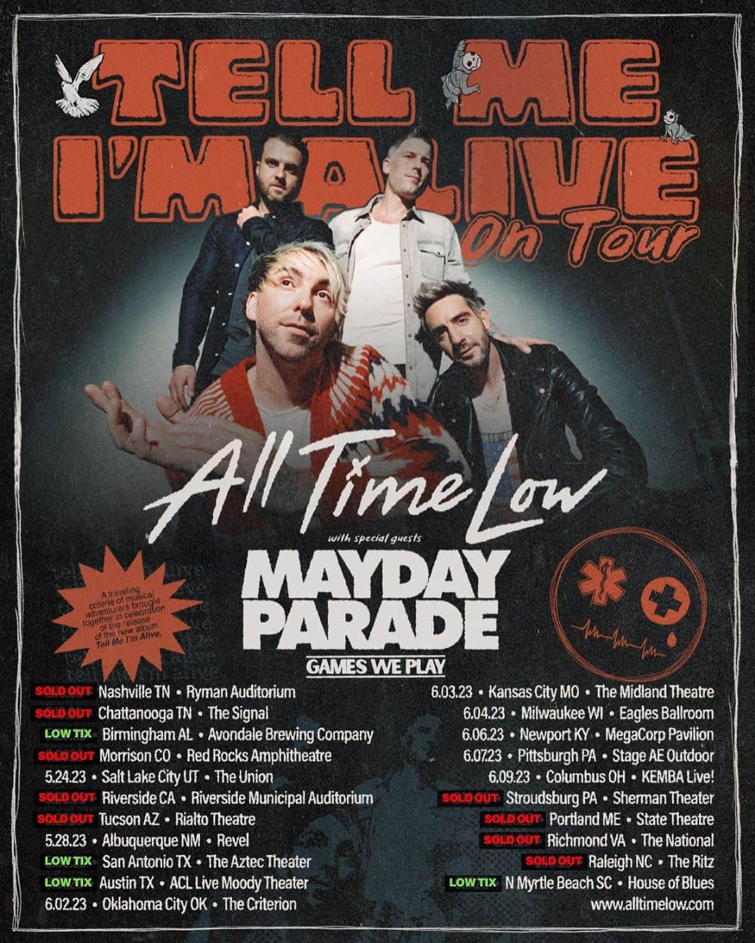 All Time Lowのインスタグラム：「Low ticket alert for Birmingham, San Antonio, Austin, and Myrtle Beach on the US leg of #TellMeImAliveOnTour🚨」