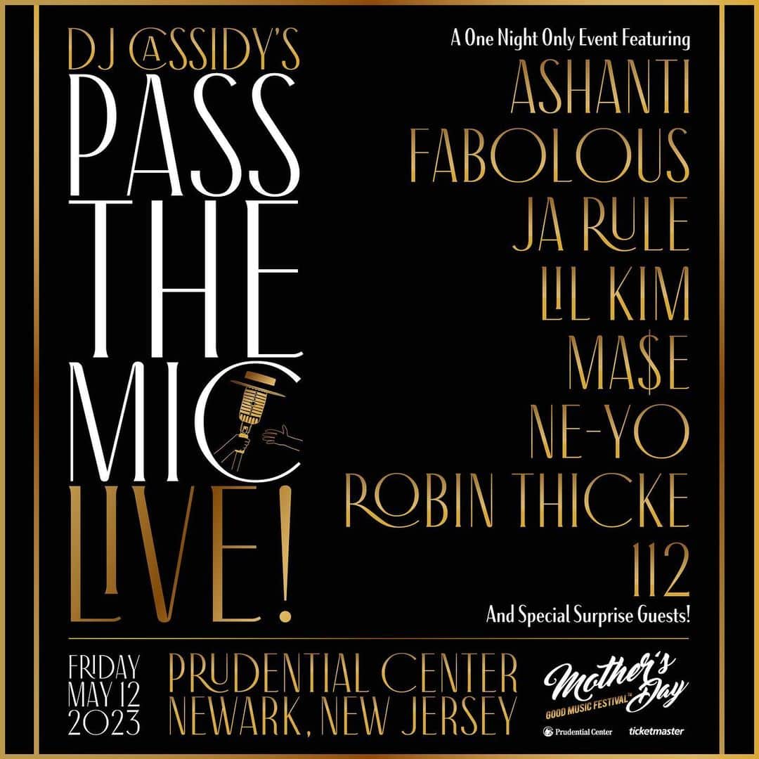のインスタグラム：「ONE NIGHT ONLY: I'll be performing alongside @ashanti @theofficial112 @myfabolouslife @lilkimthequeenbee @rsvpmase @robinthicke & @jarule for @djcassidy's first-ever #PassTheMicLive! on 5/12 at @prucenter in Newark, NJ! Tickets are on sale now at @ticketmaster!」