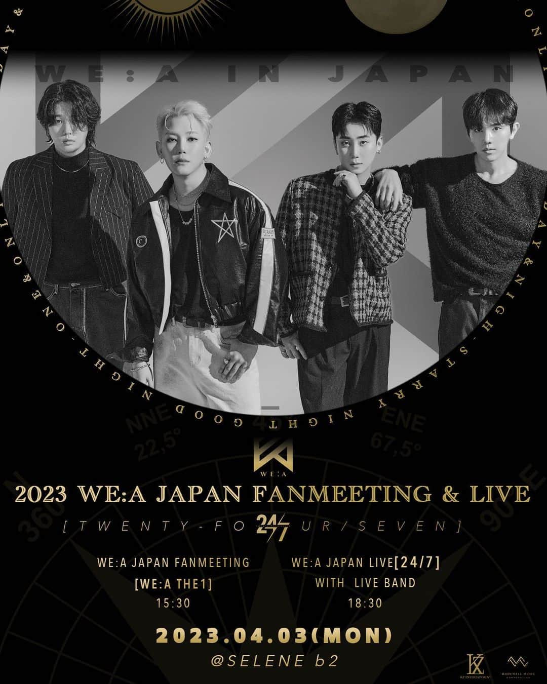 ロンのインスタグラム：「2023 WE:A JAPAN FANMEETING & LIVE  Part1. WE:A JAPAN FANMEETING [WE:A THE1] 🗓️2023.04.03(MON) 15:30  Part2. WE:A JAPAN LIVE [24/7] With LIVE BAND 🗓️2023.04.03(MON) 18:30  🎫 https://tiget.net/events/233806  #위아 #WEA #JEONGKYUN #RON #KICHUN #Z_UK #LIVE #247」