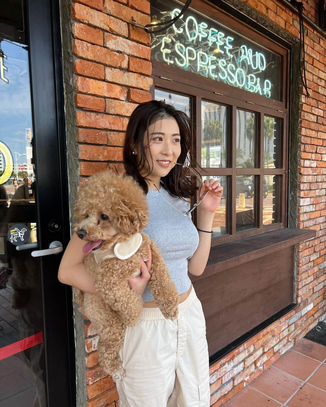 MelonHarunaさんのインスタグラム写真 - (MelonHarunaInstagram)「写真撮ってたらオレも〜🐶って かぼがやってきた📸(ほんと)  tops.bottom @uniqlo_jp  sandal @san_a_snap  笑🩴その辺にめちゃくちゃあるスーパー 島草履しか履いてない😂  現地の人より現地っぽいカッコしてる私😊笑 ここ最近本当にあったかくて海水浴出来る！ 沖縄今最高ですよ❤️‍🔥  #沖縄旅行」3月12日 21時08分 - melon_867