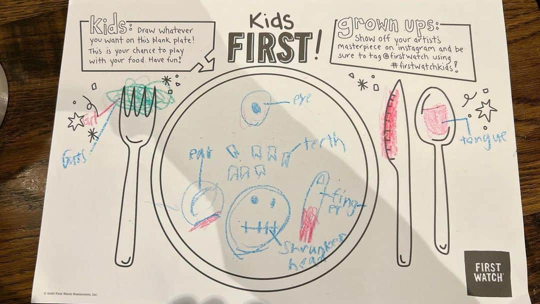 Miloのインスタグラム：「First post in many years has to be my son’s drawing of a cannibal breakfast. Because of course.」