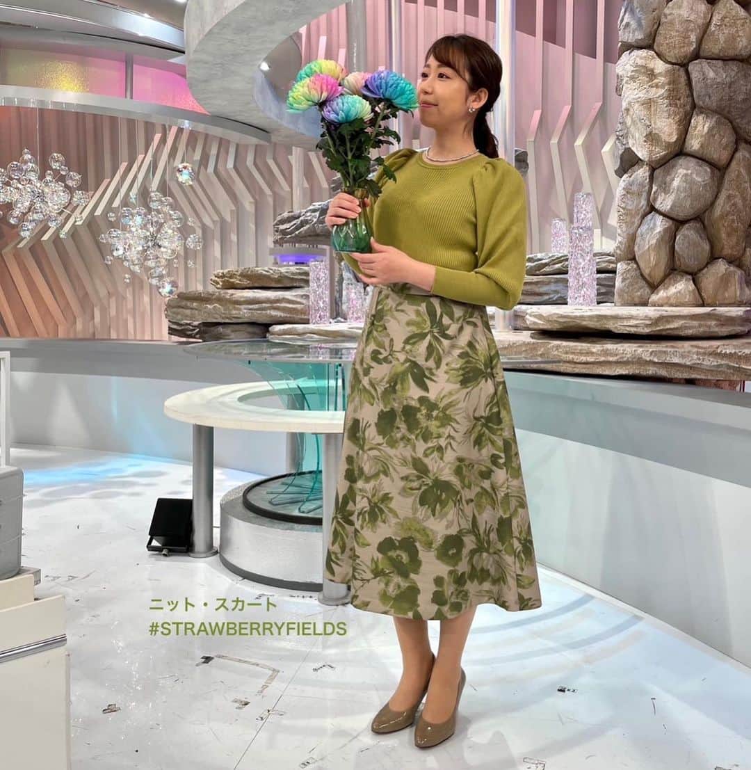 須黒清華のインスタグラム：「先日、日経ニュースプラス9でご紹介したこのお花💐 本物の菊なんです！ コロナ禍で葬儀が簡素化され、仏花としての需要が落ち込んでいる菊。 カラフルに色付けすることで、Z世代の日常使いや結婚式など新たな販路を切り拓いたそうです。  毎週火曜日にはこんな地方の取組もお伝えしています💁‍♀️  今週もぜひご覧くださいね！ あいにくの曇り空ですが、今週も頑張りましょうー💪✨  #日経ニュースプラス9  #菊 #カラーリングマム #LBS  衣装は #strawberryfields  #osewaya  でした！」
