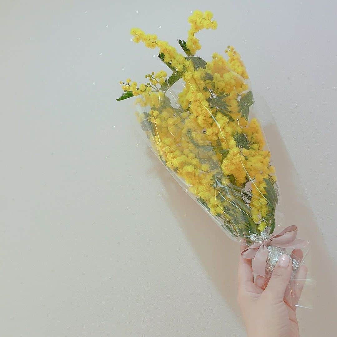 桜川ひめこのインスタグラム：「春の音がきこえる〜。○  今日は雨だけどお花見🌸🌸🌸  #お花 #桜 #ミモザ #花束」