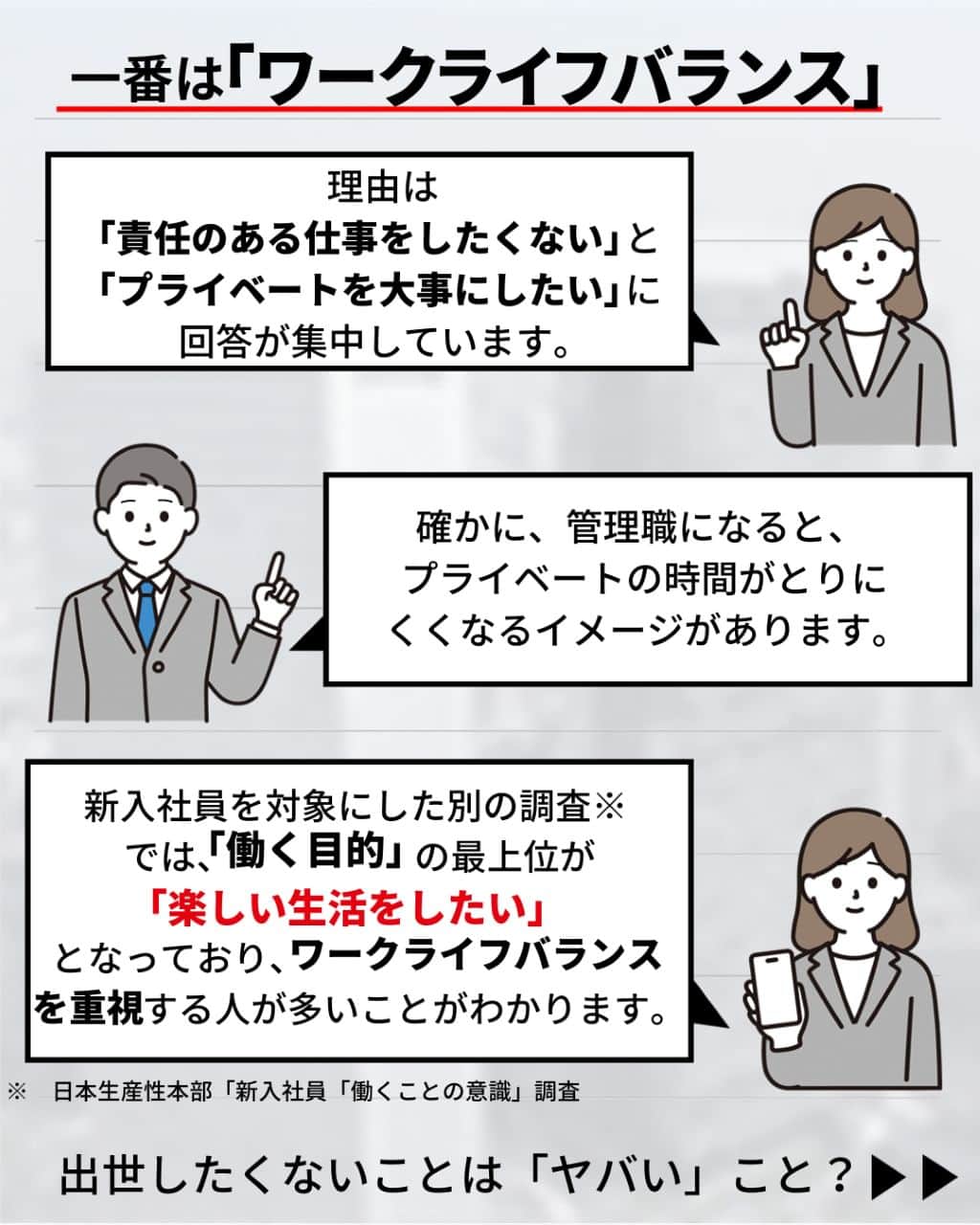 日本生命保険相互会社さんのインスタグラム写真 - (日本生命保険相互会社Instagram)「【#3分でわかる経済学コラム】 20代で「出世したくない」が77%だが、それでも心配いらない理由とは？  若者の出世欲とワークライフバランスの関係について、更に詳しく知りたい方は、 ストーリーズのハイライトから日本生命のホームページへ！ ーーーーーーーーーーー 【3分でわかる経済学コラム】 日本生命のHPでは、社会の仕組みや経済の話など、 現代社会で生き抜くための、「これだけは覚えておきたい数字」についてご紹介しています。 HPには過去コラムも盛りだくさん！ 過去コラムは、日本生命HPの知る・楽しむからご覧ください。 ーーーーーーーーーーー   #ワークライフバランス #働き方 #ライフスタイル #仕事 #就活 #経済 #経済学 #ビジネス #金融教育 #情報収集 #お金 #コラム #勉強 #若者 #学生 #社会人1年目 #社会人  #会社員 #新社会人 #新入社員 #日本生命 #ニッセイ #nissay #今日と未来をつなぐ」3月13日 19時00分 - nissay_official