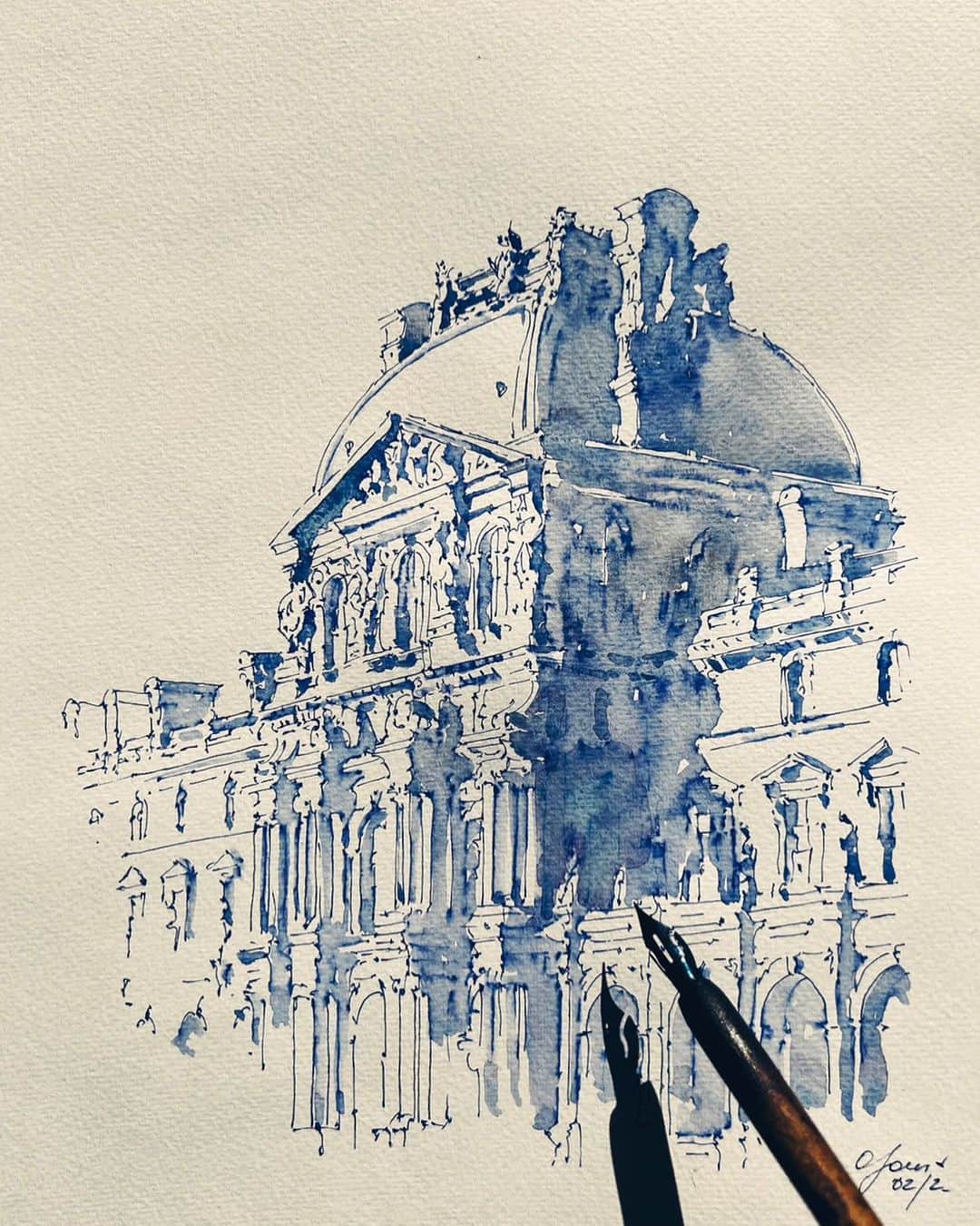 PSNYのインスタグラム：「Sketch of Louvre #blueink」