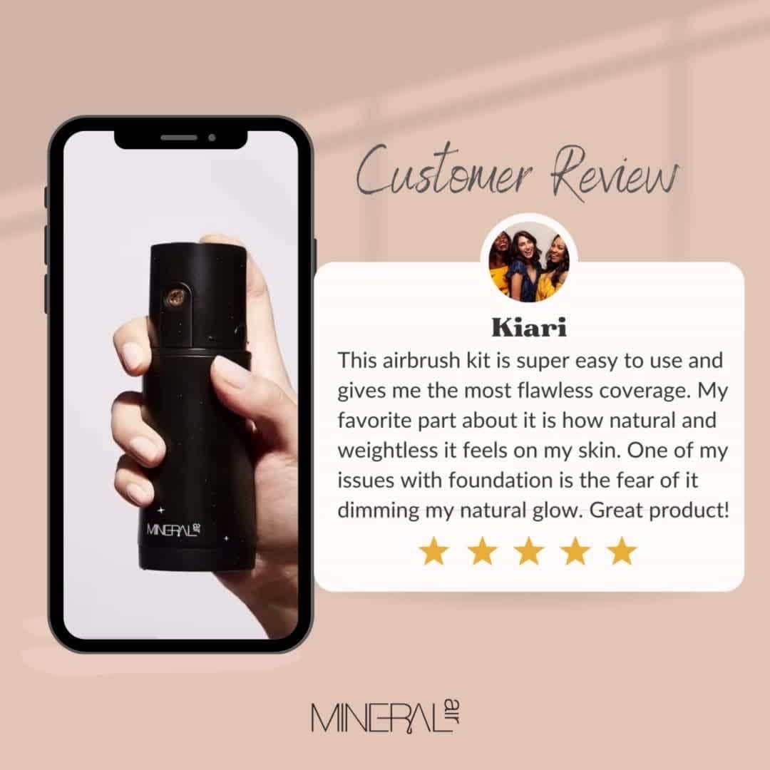 Mineral Airのインスタグラム：「Picture this: Effortless beauty with a touchless makeup routine! Mineral Air's revolutionary AirMist device technology and clean mineral formula provides the most polished makeup application yet. But don't take our word for it, check out the glowing reviews and come get yours now!」