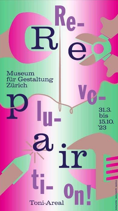 アクリスのインスタグラム：「Coming soon!  “Repair Revolution!” 31.3.23 – 15.10.23 Toni-Areal    In our daily lives, things break all the time. Instead of repairing them, we often buy a replacement. This results in growing mountains of garbage and an increasing scarcity of resources that have global repercussions. How well an object can be repaired is already determined in the design process. In mechanical engineering, considerations regarding maintenance and replacement parts are an integral part of the design, which is often not the case with product design and architecture. But that can change! Repairing is no longer merely a last resort but an important cultural, social, and economic practice that offers an alternative to our throwaway society. The exhibition “Repair Revolution!” presents the vision of a repair society and the role that design can play in getting there.     Design Visual: @dafikuhne Szenography: @groenlandbasel Graphic: @groenlandbasel_grafik Curation: @frauzeller  #repairrevolution! #museumgestaltung #zurich #design #repairing #mending」