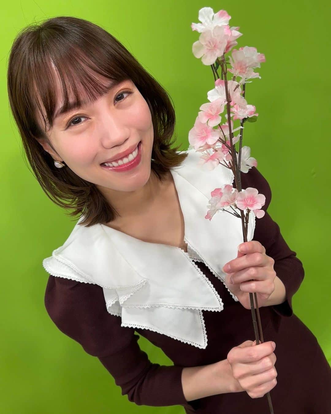 中矢邦子のインスタグラム：「・  東京に続いて横浜でも 桜の開花が発表されましたね🌸  先週からミッドナイト競輪、ロケが続き、 きょうはグリーンバックでのCM撮影でした。 来週から放送です☺︎  #SPEEDチャンネル #桜 #開花」