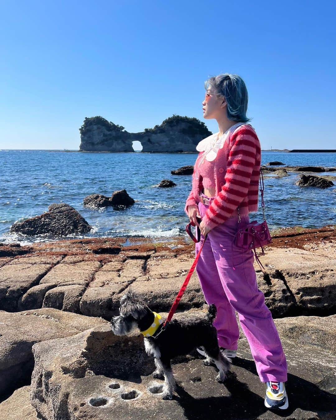 HANAのインスタグラム：「☀️🐬⛱💙⛵️  @tramp0507 初めての海だったよ🏖♡ 砂浜でしっかりびちょびちょなりました😂  夏は一緒にいっぱい海行けたらいいな〜( ◠‿◠ )♡」