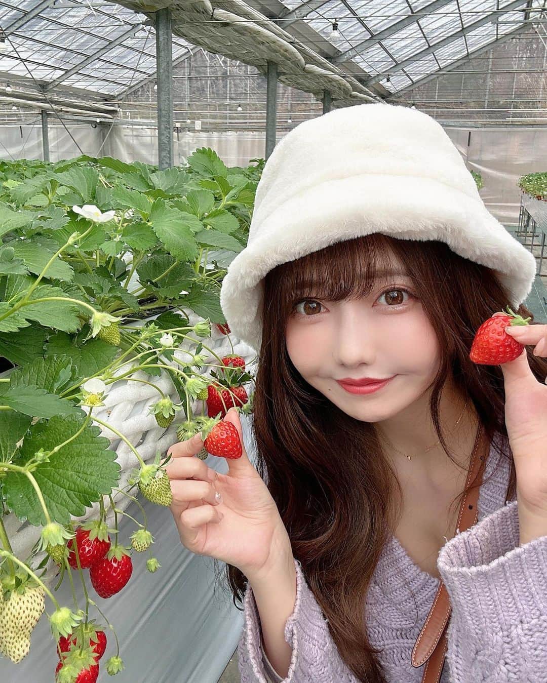 遠藤 玲奈 /endo renaのインスタグラム：「🍓🍓🍯☁️  1月にいちご狩りした時の☺︎︎ お昼は暖かかったけど、 夜－5℃で雪降ってた☃️ 自然がいっぱいで心が癒されたなぁ🌱旅行行きたい…🥲  今日も1日お疲れ様でした☺︎︎ .」