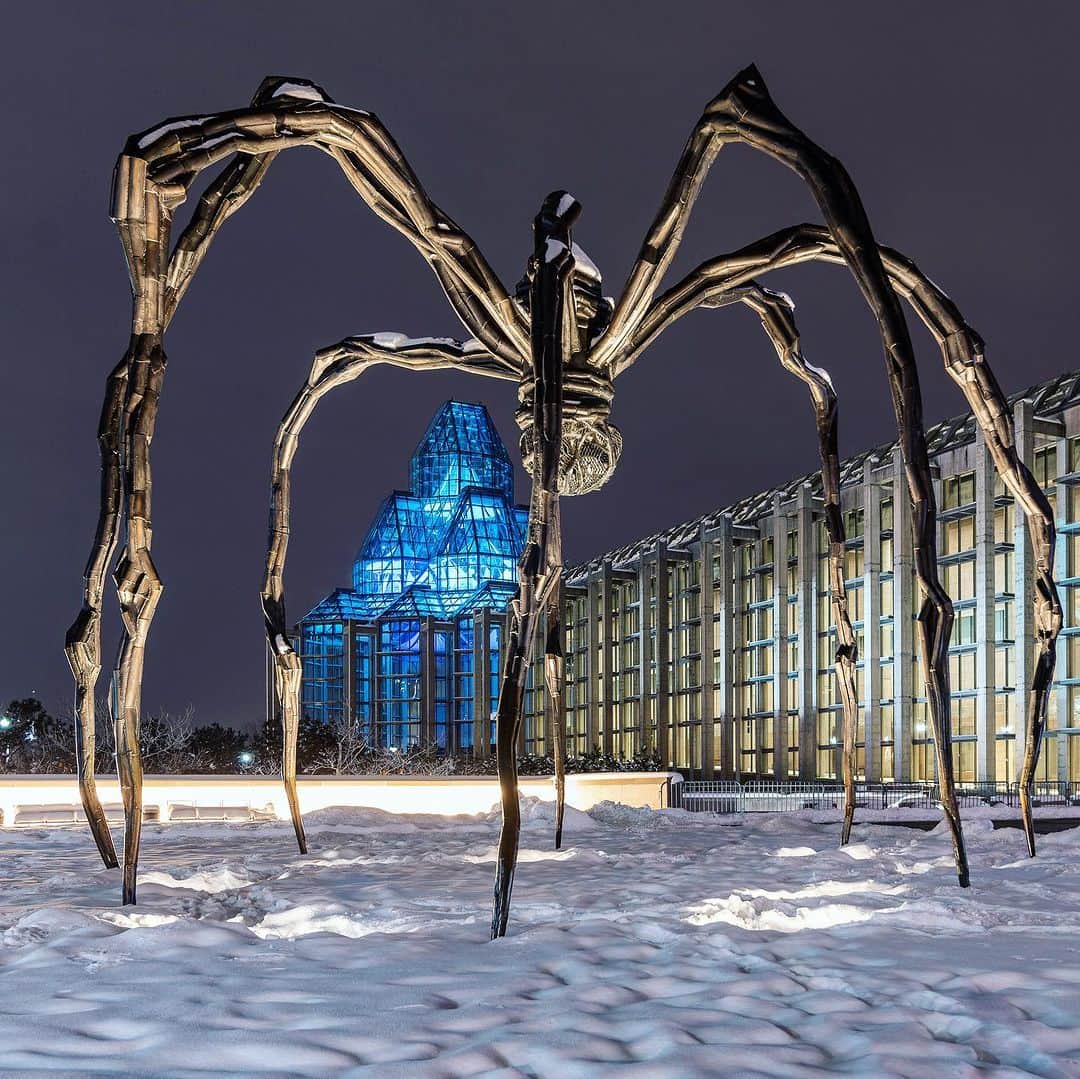 のインスタグラム：「So you think you know Canada, eh? Tell us your best guess on which city this famous sculpture can be found 🧐  📷: @james.peltzer  📍: So many correct guesses! It’s Ottawa, Ontario. @ottawatourism, @ontariotravel   [Image description: A large sculpture that resembles a spider stands near a large glass building at night. Snow is on the ground.]」