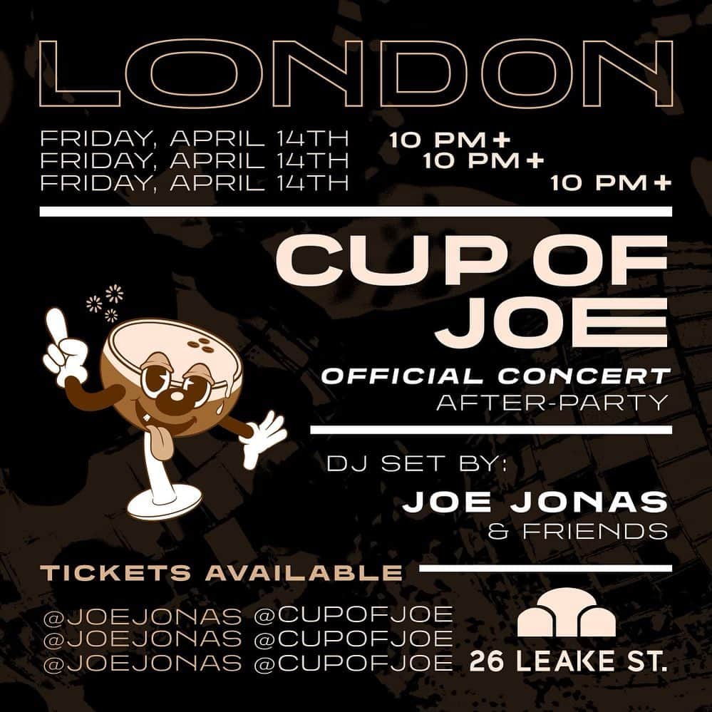 ジョー・ジョナスのインスタグラム：「Cup Of Joe Night London 🇬🇧☕️ Tickets go on-sale 12pm UK time」
