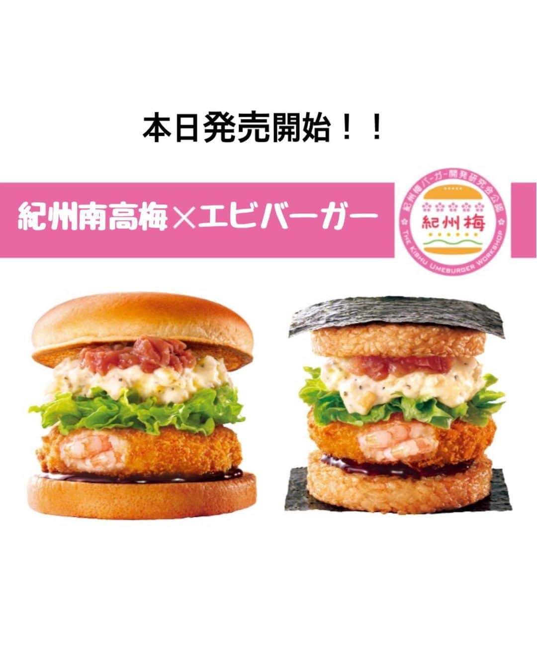 和歌山県食品流通課のインスタグラム：「＼本日発売開始／ 和歌山県のご当地バーガーがロッテリアから発売されています！ 『紀州南高梅エビバーガー』と 『紀州南高梅エビ ごはんバーガー』 みなさんはどちら派ですか？😋  大粒で柔らかい果肉が特徴の南高梅のハチミツ梅をまるごと１粒と、プリプリ食感のエビパティ、特製タルタルソース、特製てりやきソースが入った贅沢なバーガーです。  和歌山駅前店と和歌山イズミヤ店の２店舗限定！！  数量限定販売なので、ぜひこの機会にお試しください✨   #なんて素敵な和歌山なんでしょう  #ロッテリア  #梅バーガー  #わかやま食ツーリズム  #和歌山グルメ  #和歌山県  #wakayama  #insta_wakayama  #instafood  #おいしい健康わかやま  #tasty_healthy_wakayama」