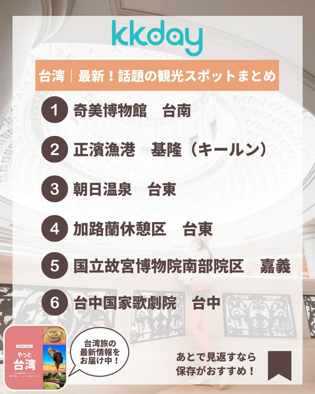 KKdayさんのインスタグラム写真 - (KKdayInstagram)「ほかの旅情報をみる🇹🇼👉@kkdayjp  週末の海外旅行に 不動の人気を誇る台湾🍍  そんな台湾から ＼最新！話題の観光スポット6選📸／ をご紹介します🙋  珍しい温泉や最新の文化施設まで 台湾文化を感じられるスポットをシェア🙌  みなさんの台湾おすすめスポットもぜひコメントで教えてください✨  投稿を保存して、旅の計画に役立ててもらえると嬉しいです🥳  ーーーーーーーーーーーーーー  【1】奇美博物館 📍：台南市仁德區文華路二段66号 ⏰：9:30～17:30 🚌：台鉄「保安」駅から徒歩で約15分 📸：@yoyu_1223 @angelala.wen @fish_rou  【2】正濱漁港 📍：基隆市中正區正濱路72号 🚌：台鉄「基隆」駅からバスで約15分 📸：@rainbow.0121 @zhen_01.31 @jxinnan  【3】朝日温泉 📍：台東県緑島郷公館村温泉路167号 ⏰：4:30～11:00、16:30～23:00 🚌：富岡港から船で50分または台東空港から飛行機で約20分 📸：@h_wen118 @yu_ning0202 @eve_5_30  【4】加路蘭休憩区 📍：台湾台東県臺東市富岡漁港から北1km 🚌：台鉄「台東」駅から車で約18分 📸：@jamienew523 @1weiii7c @noona.travelight  【5】国立故宮博物院南院 📍：嘉義県太保市故宮大道888号 ⏰：本館:9:00～17:00 、景観園:8:00～21:00 🚌：高鉄「嘉義」駅からバスで約10分 📸：@hey.sophietsai @lin_px10 @jr.yu_  【6】台中国家歌劇院 📍：台中市西屯区惠來路二段101号 ⏰：11:30 ~ 21:00(金・土・祝は22:00まで) 🚌：台鉄「台中」駅からバスで15分、下車後徒歩10分 📸：@yu_han0915 @hako0625  ーーーーーーーーーーーーーー  KKdayでは台湾旅を情報アップデート中🎉 @kkdayjp のURLからチェックしてね♪  ーーーーーーーーーーーーーー . 旅先で撮った写真に「#kkday旅」を付けてシェアしてください💓 ステキなお写真はKKday公式アカウントでご紹介します♪ . . #台湾 #taiwan #🇹🇼 #kkday台湾旅 @taiwan_mikke  - #旅行好きな人と繋がりたい #旅スタグラム #旅好き  #女子旅 #travelgram #台湾観光 #台湾旅行 #台湾女子旅 #故宮博物院 #台湾好きな人と繋がりたい #台湾好き #台湾行きたい  #台東 #台中 #基隆 #台南」4月13日 20時05分 - kkdayjp