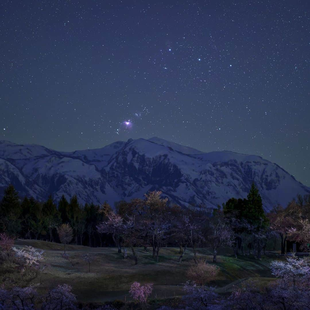 KAGAYAさんのインスタグラム写真 - (KAGAYAInstagram)「残雪の山に沈むオリオン大星雲。 オリオン大星雲が桜色に写りました。 写真右上の三つ並んだ星々はオリオンの三ツ星です。 （先日、新潟県にて撮影） 今日もお疲れさまでした。  撮影データ カメラ：SONY α7R IV レンズ：SIGMA 85mm F1.4 DG DN 露出8秒　ISO3200　赤道儀にて0.66倍速追尾 2023年4月9日21時07分  #桜 #新潟 #星空 #starphotography #sonyalpha #α7rIv」4月13日 20時51分 - kagaya11949