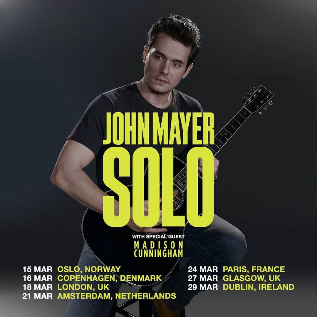 ジョン・メイヤーのインスタグラム：「I’m excited to announce 2024 Europe and UK Solo tour dates! I’m equally as excited that one of my favorite artists @madicunningham will be joining me as well. Tickets go on sale starting Friday 21st April at 10 AM local time. And now for the copy and paste:  An exclusive fan presale will be available starting Wednesday, 19th April at 10 AM local time through to Thursday, 20th April at 10 PM local time. Sign up now to access presale tickets at johnmayer.com.   Okay I’m back. Thank you and see you in a bit, EU and UK!」