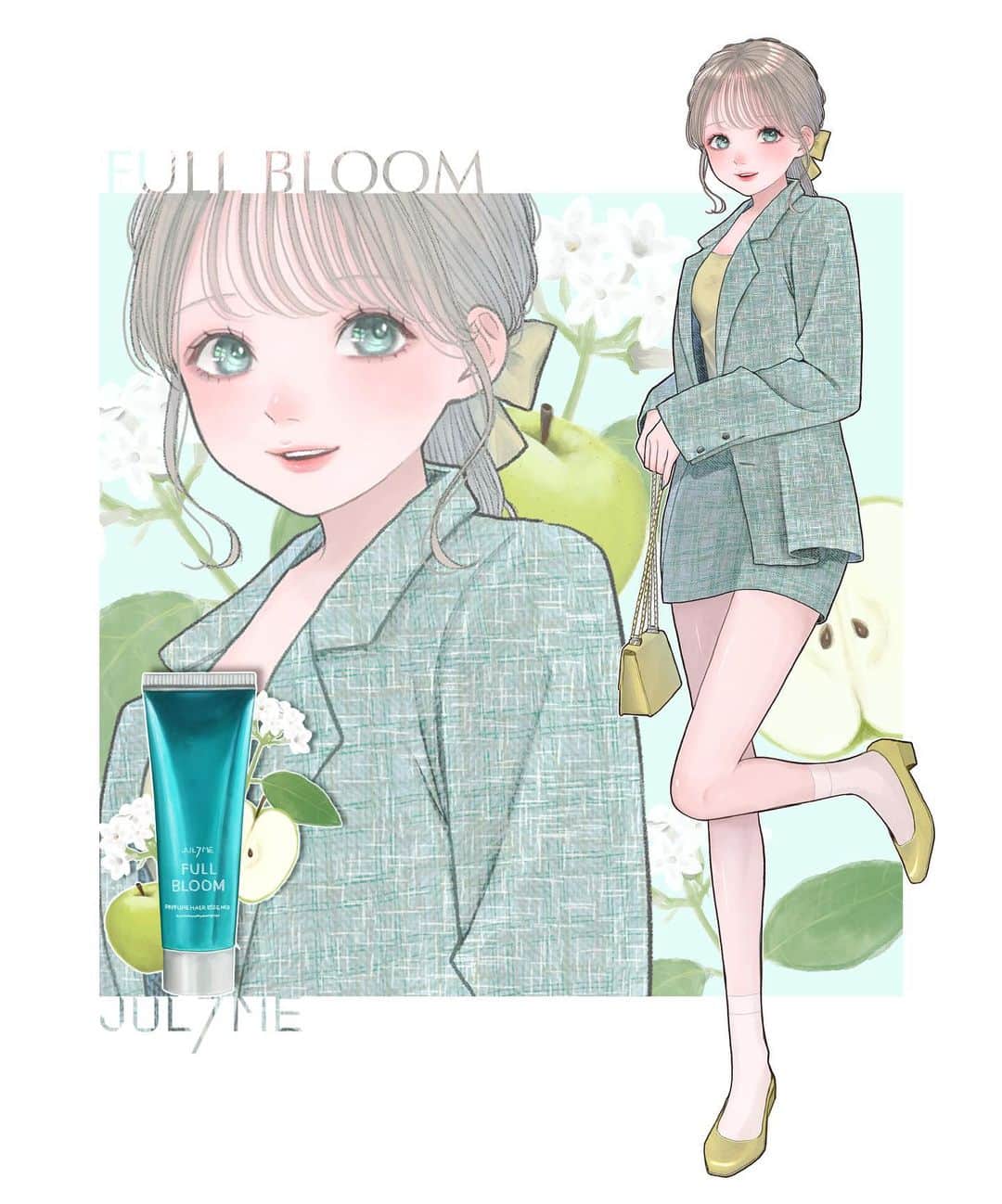 胡月のインスタグラム：「. . . 【 @jul7me_japan 】様の パヒュームヘアエッセンスの香りを イメージしたコーデを描かせて頂きました✨️ . Full Bloomはアップルやジャスミンの 爽やかで瑞々しい香り🍏、 Sunset Freesiaはペアーやレモンの フルーティで甘酸っぱい香り🍐、 White Soap Muskはローズやミュゲの 華やかなフローラルの香り💐 私はホワイトソープムスクが 一番のお気に入りです🤍 . . #髪に塗る香水 #JUL7ME #ジュライミー #PR  #illustration #illust #illustrationart #artwork #ファッションイラスト #女の子イラスト」