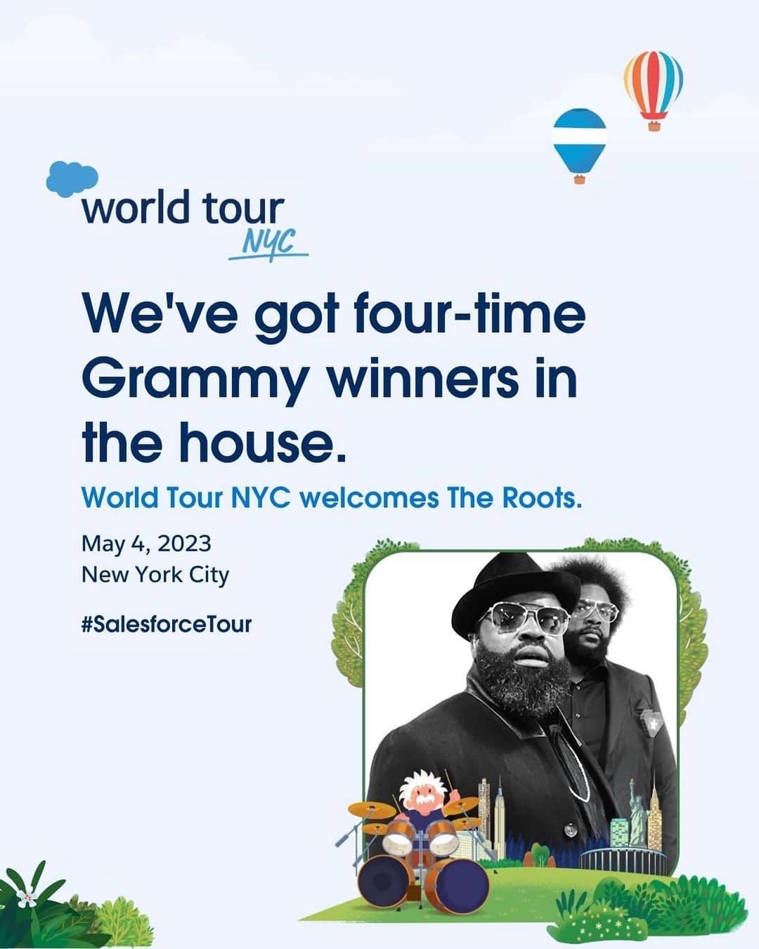 Salesforce のインスタグラム：「Our biggest #SalesforceTour ever is all about supersized learning, so let's top off with supersized fun.  Register at the link in bio for an exclusive, can't-miss chance to party with @TheRoots, live in NYC.」