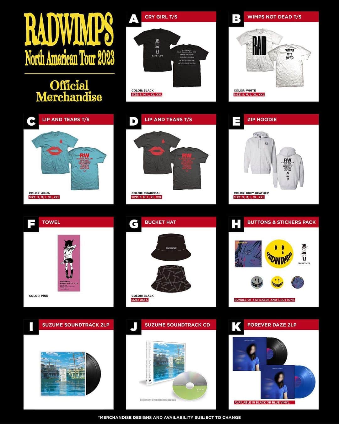 RADWIMPSのインスタグラム：「Check out the merch line-up for RADWIMPS North American Tour 2023 kicking off April 16th!   *Make sure to check the FAQs for San Jose and Los Angeles before coming to the show. *FAQs for later dates coming soon.  #RAD_NAtour2023」