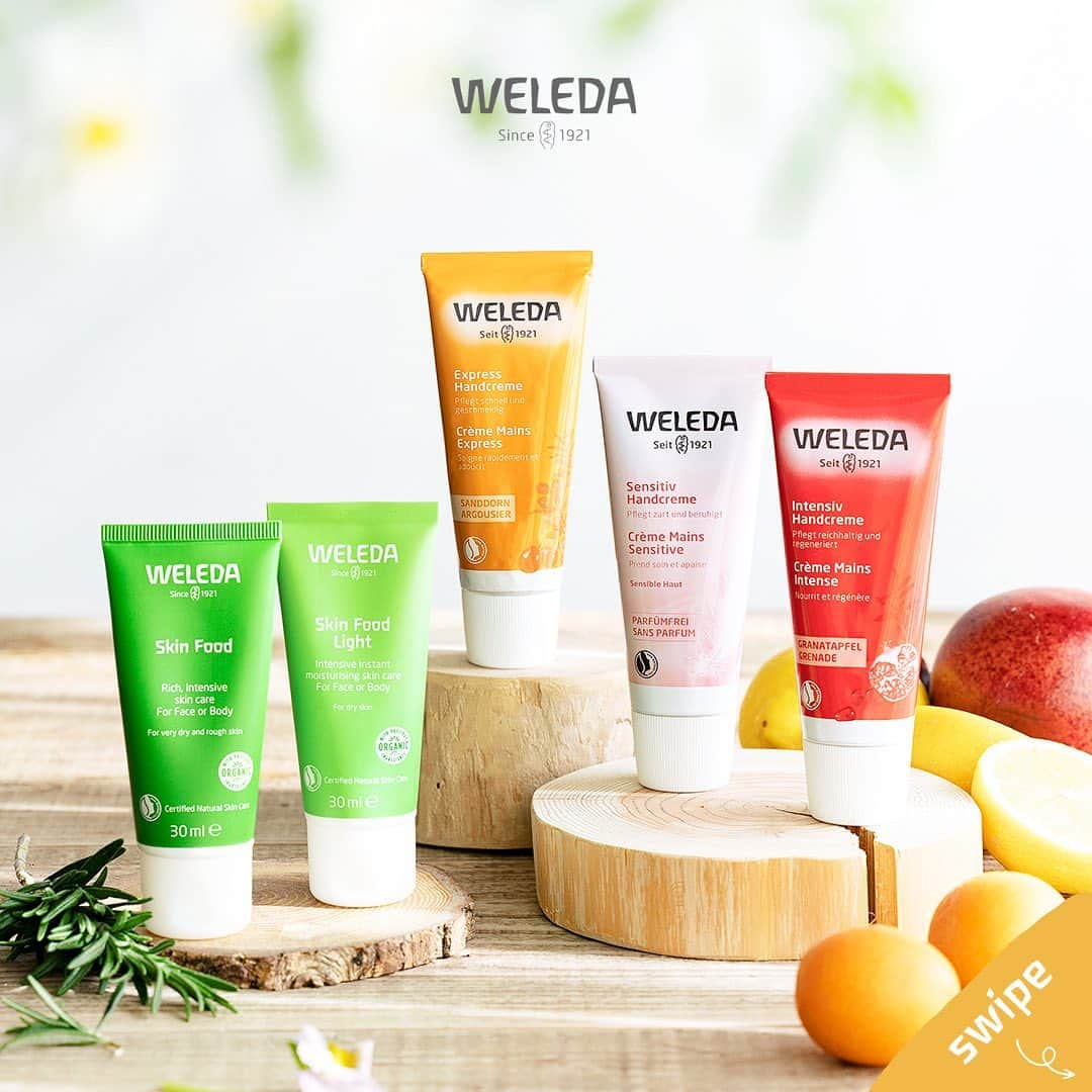 ヴェレダ Weleda Japanさんのインスタグラム写真 - (ヴェレダ Weleda JapanInstagram)「【好きな香りはどちら？好きな香りで気分を高めよう】  一年中欠かせない＼ ハンドクリーム／ 手洗いや消毒の後も、楽しい気持ちでいたいですよね！  手先から好きな香りをまとって、気分を高めましょう♡  ケアする度に、気持ちのリラックス、リフレッシュにも！  ヴェレダのハンドクリームは、 天然由来成分100％の心地よい香り。  ぜひお好みの香りを見つけて、堪能してみてくださいね。  ヴェレダでは、ハンドクリームに加え、ひどい乾燥にはスキンフードをおすすめにしています。 それぞれの特徴をご紹介します。  ---------------------------- ハンドクリーム ---------------------------- 潤うのはもちろん、ハリや敏感肌、さらっとした着け心地などの好みの使用感や香りでチョイスを。  ◼️ざくろハンドクリーム❤️ ￣￣￣￣￣￣￣￣￣￣￣ フルーティでスパイシーな香りでリラックス。  格調高い香りで、女性だけでなく男性にも。  手肌に潤いとハリを集中的に与えます。  リッチなしっとり感で指先までをじっくりと保湿し、しっとりなめらかな手肌へ。  ＜こんなシーンにおすすめ＞ ・夜の集中ケア、大人の手もとに ・手のハリを求めている方に  ◼️ヒッポファンハンドクリーム🧡 ￣￣￣￣￣￣￣￣￣￣￣￣￣￣ フルーティで心地よい柑橘系の香りでリフレッシュ。  手肌にすばやくなじみ、みずみずしくなめらかな肌を保ちます。  さらっとした感触で、塗布後すぐに紙や、パソコン、スマートフォンなどを扱うようなオフィスやテレワークにも適しています。  ＜こんなシーンにおすすめ＞ ・オフィス、テレワークなど日中のハンドケアに ・家事の合間のハンドケアに ・ケータイやパソコンを使うときに  ◼️センシティブハンドクリーム🤍 ￣￣￣￣￣￣￣￣￣￣￣￣￣￣ 精油で香りづけをしていない無香料タイプ（成分の香りが少しあります）。  敏感に傾きがちな手肌にすばやくなじんで、長時間続く潤いを与えます。  軽やかな付け心地でべたつきにくく、日中・夜間と使用シーンを選びません。  オーガニックホホバオイル・ココナッツオイル（保湿成分）配合。  肌を穏やかに保湿し、かさつきのない、なめらかな肌を保ちます。  ＜こんなシーンにおすすめ＞ ・敏感肌の方に ・強い香りが苦手な方に ・香りを気にする仕事の合間に  ---------------------------- スキンフード ---------------------------- さらにひどい乾燥が気になる方には、スキンフードシリーズで集中ケアを！  ◼️スキンフード💚 ￣￣￣￣￣￣￣ 肌荒れしやすい肌を深い潤いで包み込み、ふっくら柔らかく整える全身用集中保湿クリーム。 . 特に乾燥して硬くゴワついた部分のケアにも。 . 夜の集中保湿にもおすすめです！  ◼️スキンフードライト💛 ￣￣￣￣￣￣￣￣￣￣ ハーブエキスが手肌の乾燥にみずみずしい潤いを与える、スキンフードより軽い感触の全身用集中ケアクリーム。  べたつきが気にならない軽いテクスチャーは、日中の使用にもおすすめです。  ╭━━━━━━━━━━━━━╮  　　　　　どの香りを 　　　楽しみたいですか？  ╰━━━━━━ｖ━━━━━━╯ ❤️：ざくろ 🧡：ヒッポファン 🤍：センシティブ 💚：スキンフード 💛：スキンフードライト  ぜひ、絵文字を使って、[コメント]で教えてください！ ---------------------------------------------------  商品についての詳細は @weleda_japan のトップページリンクからご覧いただけます。  もう一度見たい方は、 ぜひ「保存」ボタンを押してくださいね！  #ヴェレダ#WELEDA#オーガニック#オーガニックコスメ#植物療法#シュタイナー#ホリスティック#保湿ケア#保湿クリーム#保湿効果#保湿力抜群#保湿成分#ハンドクリーム#天然由来成分#ハンドクリームマニア#ハンドクリームいい匂い#ハンドクリーム必須#ハンドクリーム好き#オーガニックハンドクリーム#手荒れ対策#ざくろ#アーモンド#ヒッポファン#スキンフード#カレンドラ#ハンドケア#organiccosmetics#유기농」4月9日 20時14分 - weleda_japan