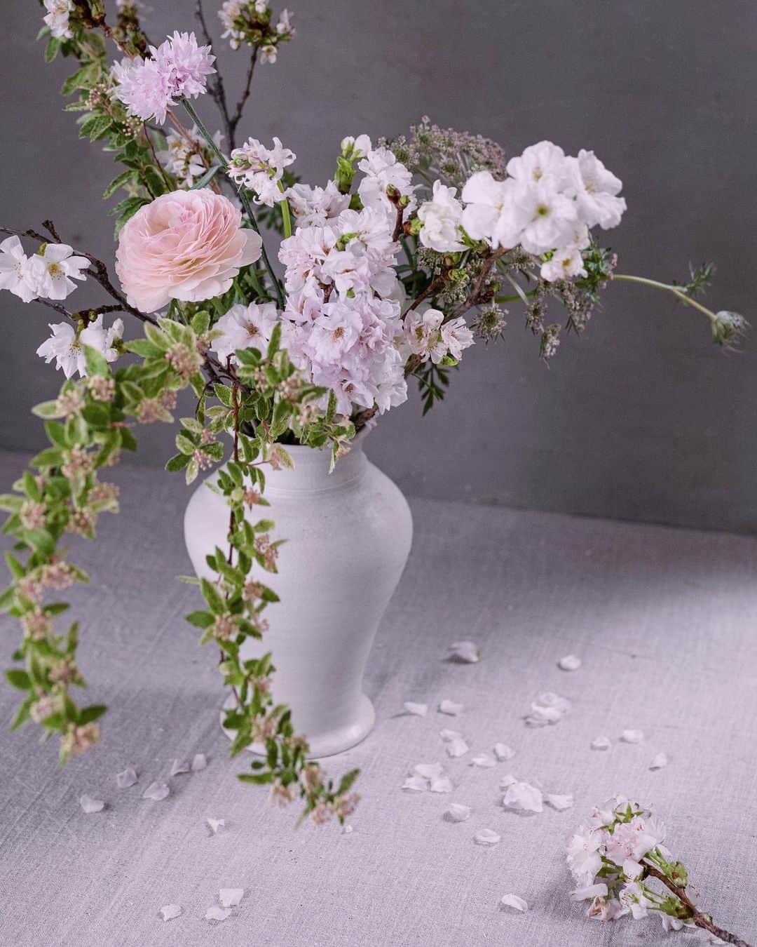 のインスタグラム：「Spring in a vase🌸🌸 #sakura #ranunculus #spirea #bridalwreathspirea #Bridalveilspirea  二種の桜とピンク色の小手毬に、 春の花を添えて  #天の川 #吉野桜 #ピンクバリ #NHK文化センター青山教室今月の花」