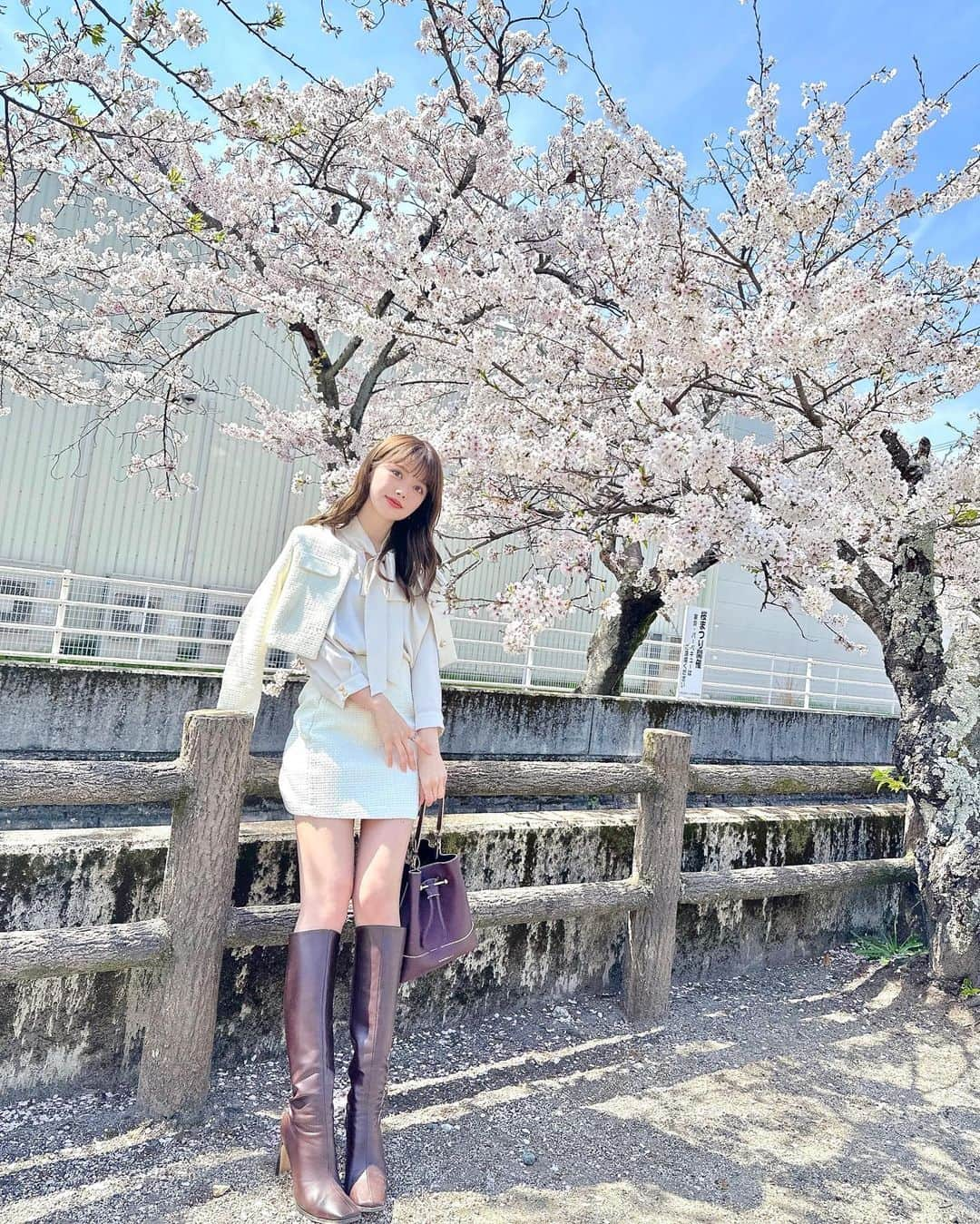 山崎春佳さんのインスタグラム写真 - (山崎春佳Instagram)「サクラ咲けっ🌸🤍🤍  東京で見られなかった桜、四日市での選挙活動中 ちょっとだけ見られた！ 桜の色、優しいピンク×白って本当にかわいいっっ  jk & skirt @emmyofficial.jp  blouse @12twelveagenda  bag @strathberry  boots @acym_official   #me #tbt #sakura #setup #emmy #blouse #cherryblossom #spring #桜 #春 #セットアップ #ロングブーツ  ちなみに、桜には触れておりません👍🏻(そう見えちゃっている気がしたので念のため)」4月9日 21時56分 - haruka_yamazaki