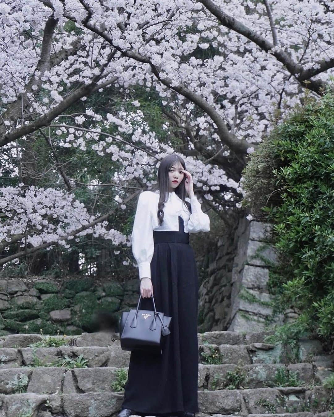 上野瞳さんのインスタグラム写真 - (上野瞳Instagram)「今年のお花見は福岡で🌸🌸🌸 舞鶴公園お気に入りお花見スポット🕊 私が立っている所から見える景色が また素敵で🥰(最後に載せました🙏)  石垣と桜がなんとも言えない美しくさ🌸 古き日本、福岡城跡を感じられ好きでした💭  この日はかっこよく決めたい気分で めずらしくパンツスタイルに🖤🖤 もちろんモノトーンコーデです🖤🤍 ブラウスは前リールでも登場した子🤍🤍 ブラウス/GRLグレイル パンツ/melt the ladyメルトザレディ バッグ/PRADAプラダ パンプス/GRLグレイル  あれ？何か視線を感じる🤣🤣🤣？  #舞鶴公園 #大濠公園 #福岡観光 #福岡旅行 #福岡旅 #お花見コーデ #お花見スポット #桜スポット #福岡城 #福岡城さくらまつり #城跡 #城跡巡り#福岡城跡 #モノトーンコーデ #ブラウスコーデ #コルセット #パンツコーデ #パンツドレス #プラダ #プラダバッグ #メルトザレディ #meltthelady #grl #grl購入品 #grlコーデ #pradabag」4月9日 23時01分 - hitomi.8