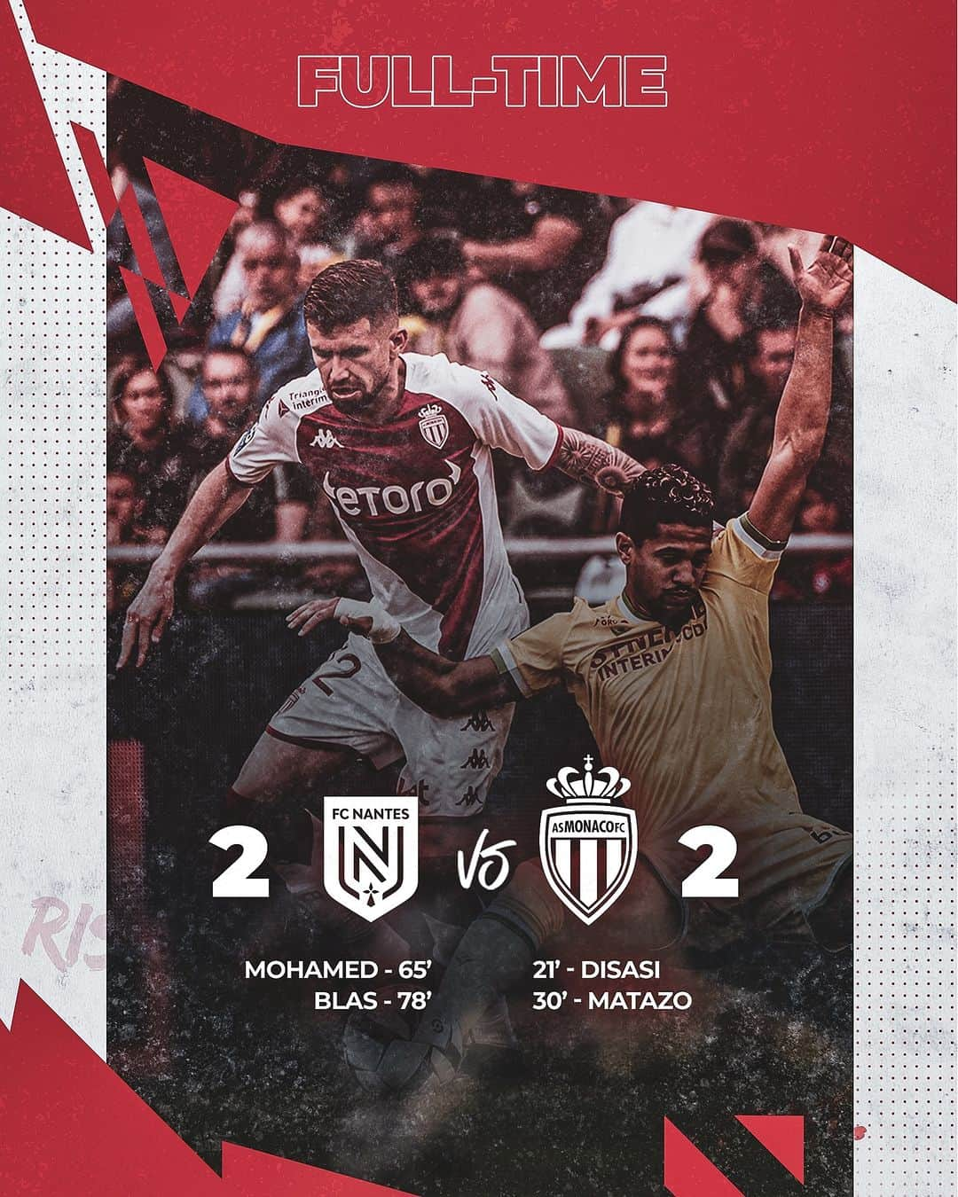 ASモナコのインスタグラム：「𝗙𝗶𝗻 𝗱𝘂 𝗺𝗮𝘁𝗰𝗵 🔚  Score de parité entre l'AS Monaco et le @fcnantes.  Prochain match dimanche prochain avec la réception du @fclorient 🔜👊  🔚 2-2 #FCNASM」