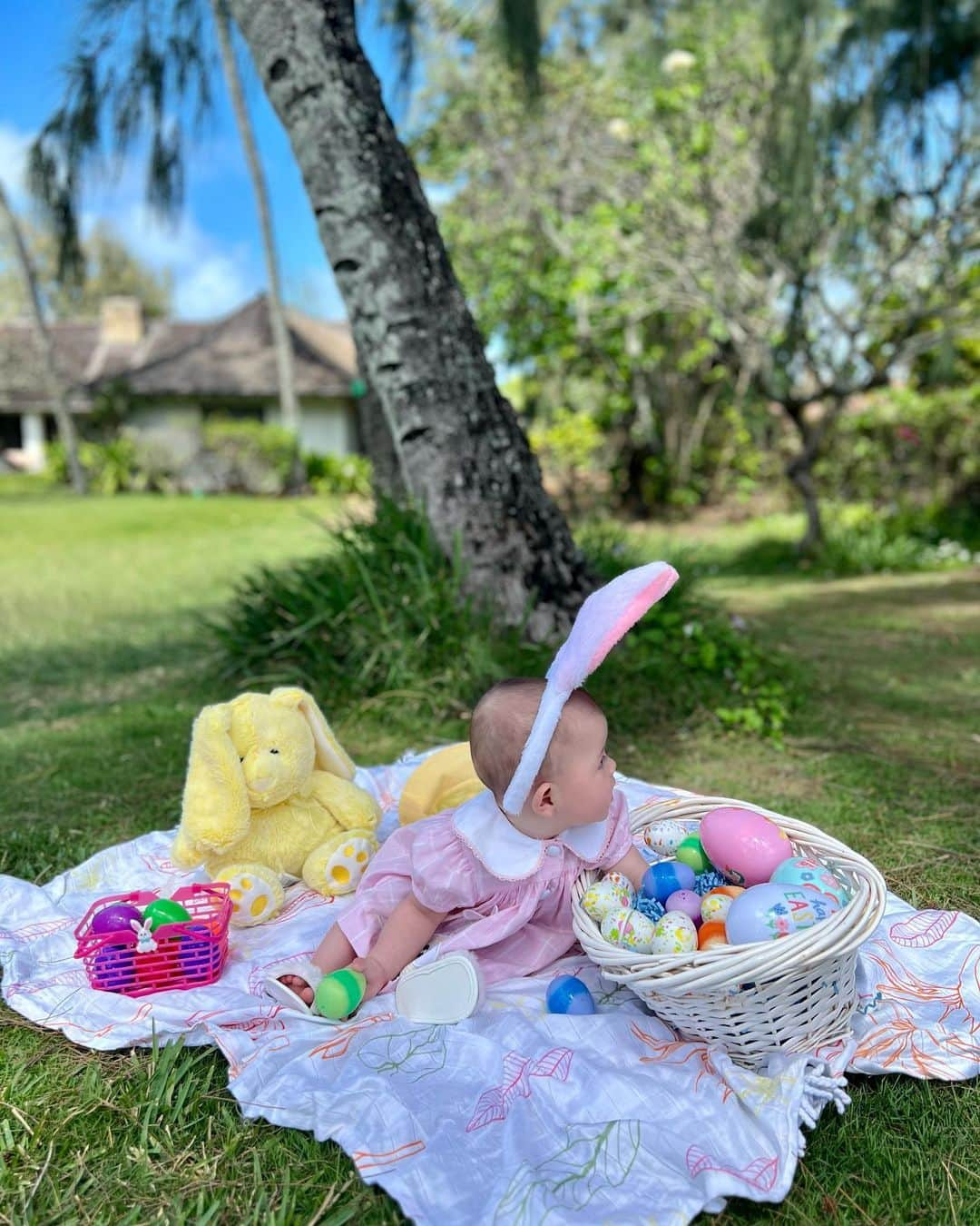 宮崎沙矢加さんのインスタグラム写真 - (宮崎沙矢加Instagram)「Baby's first Easter🐰💕🐣🌴 . . . ミシェル初めてのイースター💗🐰💗パパのママが送ってくれた🎀うさぎちゃんのドレス👗かわいぃ✨ #easter #happyeaster #firsteaster #hawaiibaby #7monthsold #girloutfits」4月10日 8時14分 - sarah___audrey