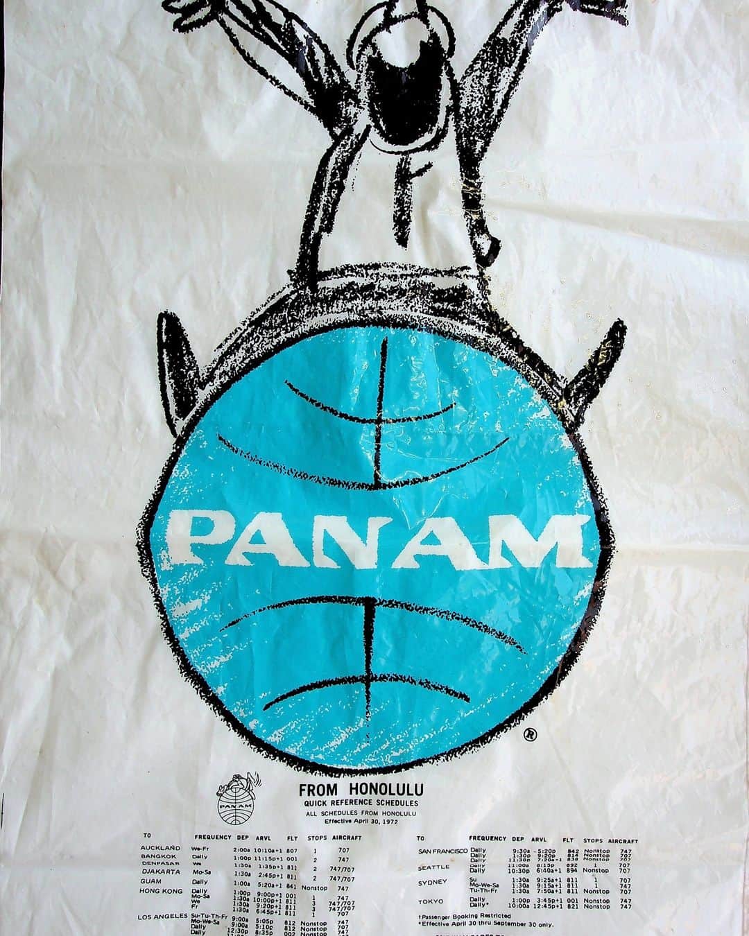 フィリップ・P・キーンのインスタグラム：「From my collection . Plastic bag with artwork by Henry (Hank) Syverson and Hawaii flight schedule . @pan.am.museum @vintage #shopping #plastic #bag #aviation #vintage #cartoon」