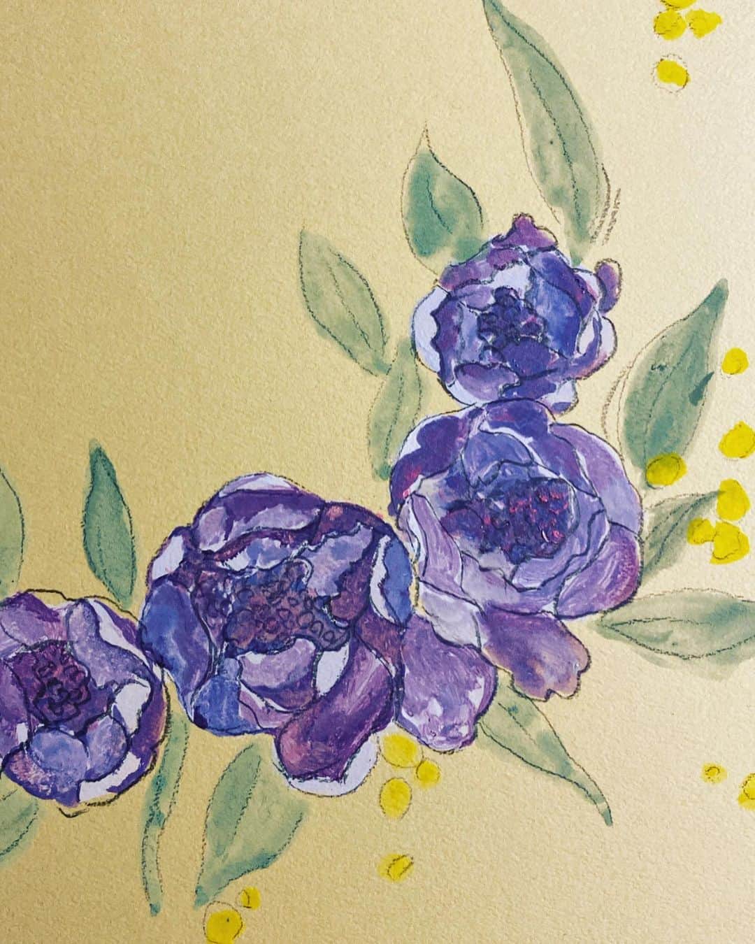 白數里子のインスタグラム：「三輪ちゃんから依頼された、親友の結婚祝いの色紙へ挿絵を。  表紙に付いていたミモザの飾りに合うかなぁと、紫の花で華やかに💐  お祝いのために描くのは私も楽しくて嬉しい😊」