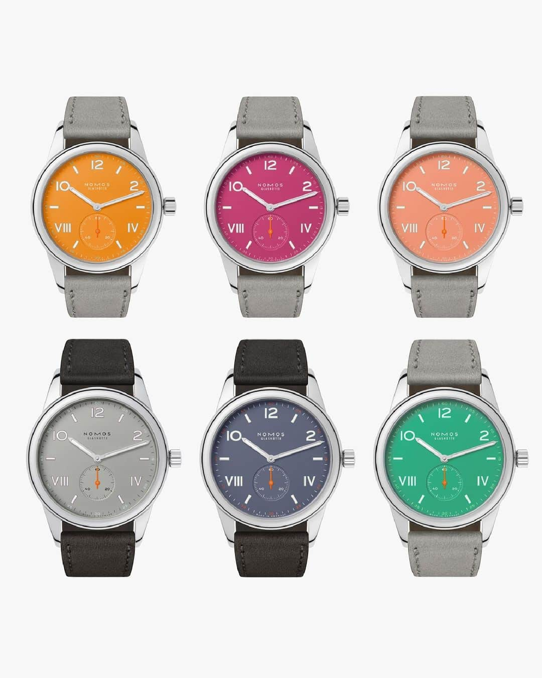 ノモスのインスタグラム：「When it comes to color, we've never been afraid to take risks at NOMOS Glashütte. Our Club Campus collection boasts a wide range of bold dial options—which one do you like best?  #nomosglashuette #nomos #nomosclub #clubccampus #colorfuldial #orangedial #pinkdial #coraldial #graydial #purpledial #greendial」