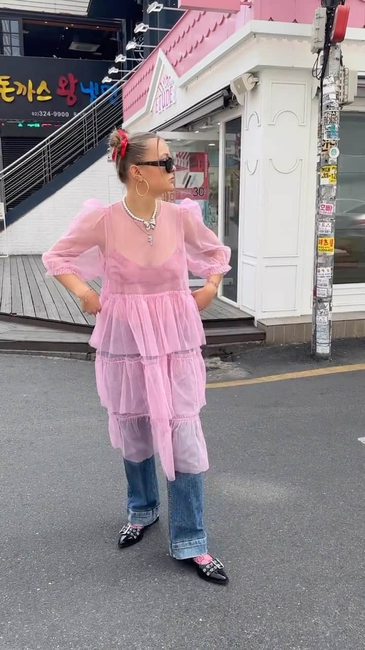 のインスタグラム：「@irisamber is taking our pink dress around town in Seoul 🌸 Where would u take it?」