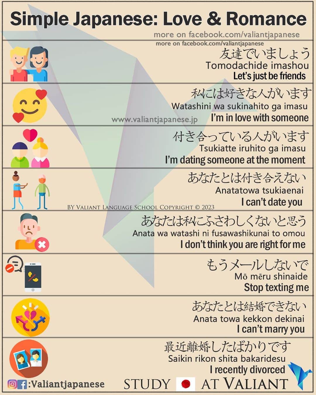 Valiant Language Schoolさんのインスタグラム写真 - (Valiant Language SchoolInstagram)「・ 👩🏼‍🏫🗣: Start Learning Japanese with @ValiantJapanese ! DM us for details.  ・ 💕📓: Love & Romance 💐👩‍❤️‍👨❤️‍🔥 . . . . . . . . .  . #japón #japonês  #japaneselanguage  #漢字 #giapponese #shinjuku #nihongojapanese  #日本語  #ilovejapan  #hiragana  #katakana  #kanji  #jlpt  #nihongo #일본어 #Японский  #studyjapanese   #japaneselesson  #tokyoolympics   #日文 ‎ #اليابانية  #Nhật  #japanisch  #ญี่ปุ่น  #Jepang  #Japonski  #onomatopoeia」4月10日 19時54分 - valiantjapanese