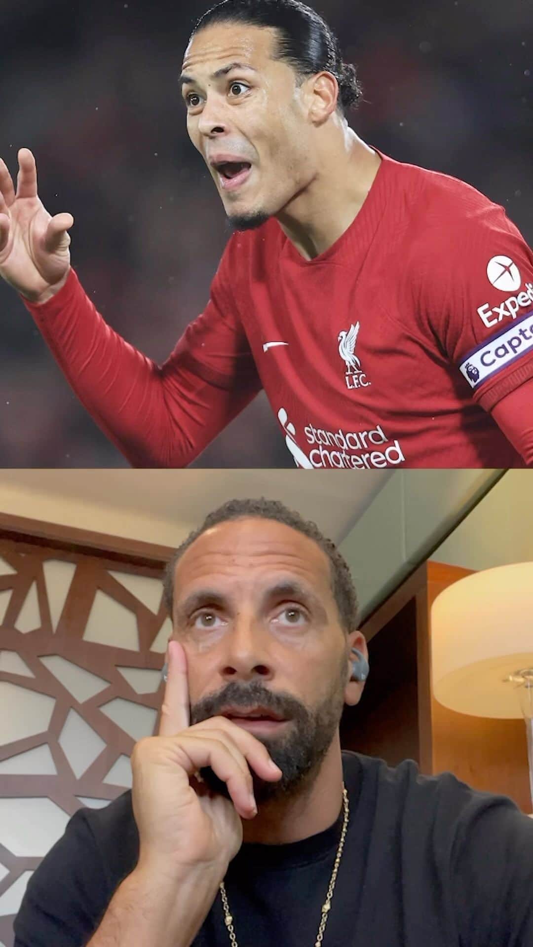 リオ・ファーディナンドのインスタグラム：「Liverpools defending… 😱🤯 I see your tweet @23_carra 👀  VW5 live… link in bio!」