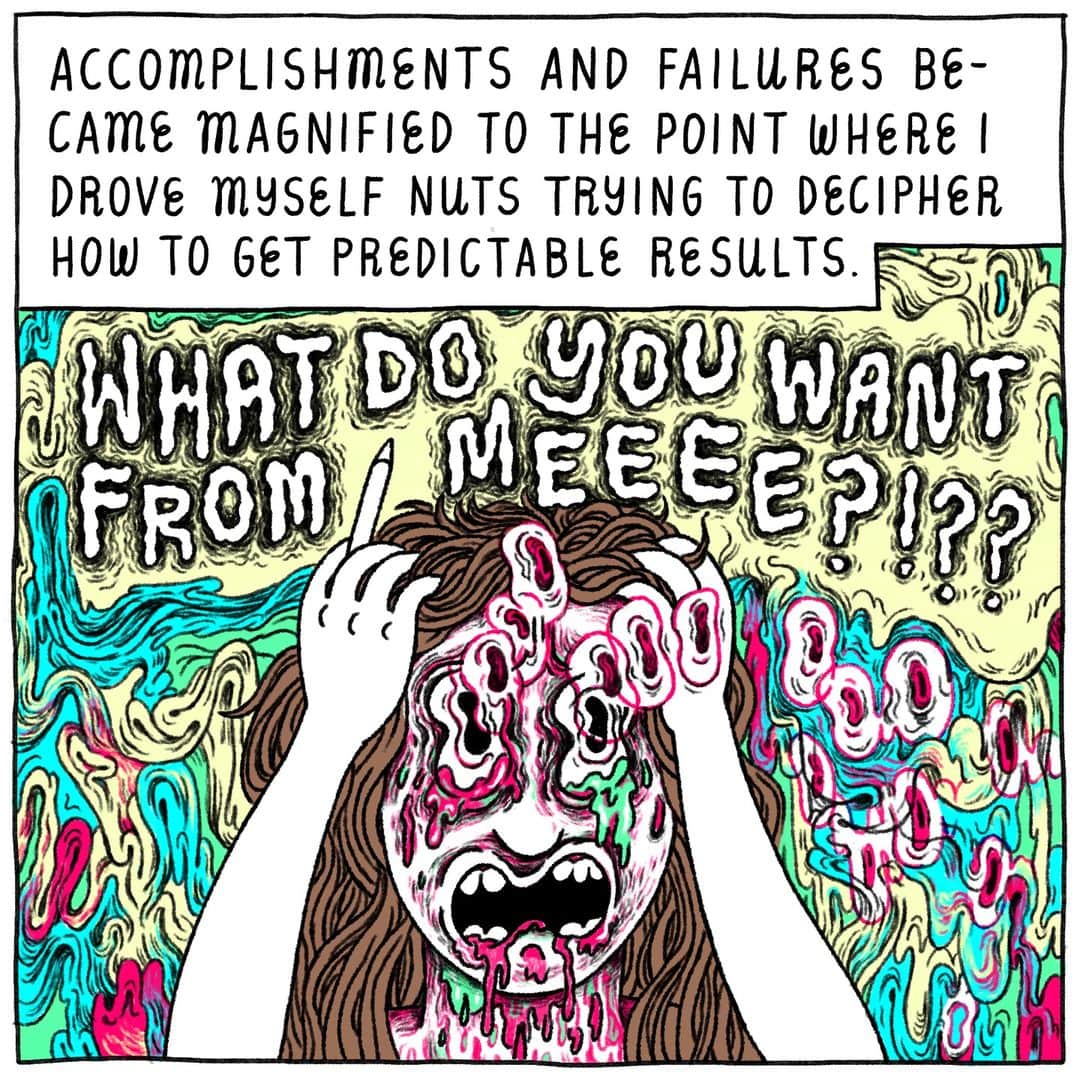 ニューヨーク近代美術館のインスタグラム：「For cartoonist November Garcia, comics are a source of both pain and relief. “When I make them, it feels like an exorcism,” she explains. “You go through hell, then a load is lifted.”   In our latest Drawn to MoMA, the artist reflects on her journey with drawings, comics, and impostor syndrome.  Read more on #MoMAMagazine, link in bio.   @uniqlousa is MoMA’s proud partner of #ArtForAll.  — Panel from @novembergarcia’s “Can’t Please ’Em All.” Courtesy the artist」