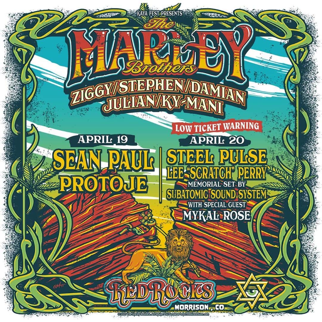 のインスタグラム：「from @themarleybrothers • we are coming together for a special Ragga @stephenmarley birthday celebration ! Join us @redrocksco April 19 & 20 in Denver, CO to catch a vibe.  @ziggymarley @damianmarley @julianrmarley @maestromarley @thekayafest  Other artists: @duttypaul @protoje @steelpulseofficial @subatomic @mykalrose_original   #marleybrothers #ziggymarley #stephenmarley #damianmarley #julianmarley #kymanimarley #redrocks #denver #morrisoncolorado #reggae」