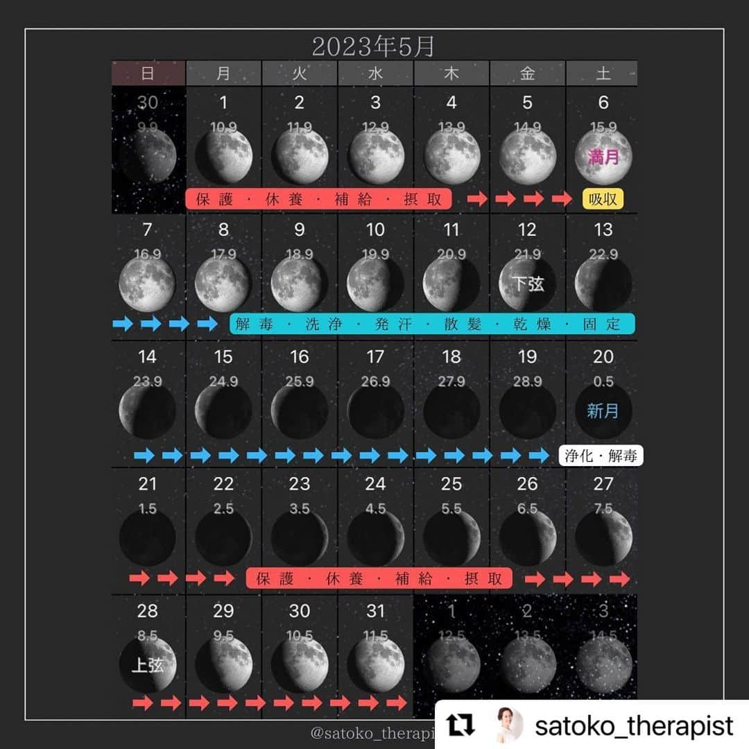 笑顔をリフォームする@健康小顔職人さんのインスタグラム写真 - (笑顔をリフォームする@健康小顔職人Instagram)「〈月齢カレンダー🌙2023年5月〉 ⁡ こんにちは♪ 國枝さとこ @satoko_therapist です🐋💫  来月は昔から 『5月病』という言葉もある様に 引き続きメンタルコントロールが必要な時です。 ⁡ GWお休みが取れる方は 自然の多い場所に出かけてリフレッシュしてみては？👒 ⁡ そうで無い方もこのカレンダーを参考に 心が躍る様な計画を立ててみてくださいね！ ⁡ 5月もこのカレンダーが あなた様の何かの助けになります様に🌈✨ ⁡ ※今月4月のカレンダーは　@satoko_therapist ストーリーズ 『月齢カレンダー』からとべます🔗 ⁡ #月齢カレンダー#月齢 #月を味方に#5月カレンダー ⁡ ---------------------------🌙✨ ⁡ 満月の夜に産卵するカニの話は有名ですが 人間の出産や死も「満月」や「新月」に多いことは統計上明らかだそうです🦀🤱 ⁡ また、女性の月経周期の平均は29.5日で月齢の一周期と全く同じです。 このような不思議な一致からも、 私たちの身体は月の満ち欠けの影響を受けていると考えられます。 ⁡ 人体のおよそ３分の２は「水分」=「海」なので 海と同様に身体の中で潮の満ち引きが起きているというわけです。 ⁡ そして月の満ち欠けに合わせて 私たちの生活もスケジューリングしていくと 自然と物事が上手くいったりするものです💡 ⁡ 5/1-5/5.5/21-5/31🌒🌓🌔上弦の月 ↓↓↓↓↓ 満ちていく月、上弦(新月から満月までのおよそ１４日間)は 「補給」「摂取」つまり身体が色々なものを吸収してエネルギーを蓄えるほか「保護」と「休養」を促します。 ⁡ 普段と同じものを食べても普段より太りやすくなるので注意！ とりわけビタミンやミネラルはよく吸収されます。 マグネシウム・カルシウム・鉄分などのサプリメントもよく効くといわれています。 ⁡ 一方で、むくみも起りやすいのです。  スズメバチの毒からキノコ中毒に至るまで、全ての中毒症状は重くなります。 ⁡ 満月に近づくにしたがって手術をするとその後の経過がだんだん悪くなる傾向があり副作用がひどくなることもあります。  ⁡ 5/6🌕満月 ↓↓↓↓↓ 満月の日は身体が何でも(人工添加物などでも)良く「吸収」します。  何を食べても太りやすくなるのでダイエットには向いていません。 ⁡ 感情の起伏も大きくなりイライラすることが増え、ついつい衝動的な行動にでたり他人とぶつかりやすくなるので注意が必要です。 ⁡ また「完了」「達成」のエネルギーに満ちているので、今まで手放せなかった習慣・人間関係・持ち物を解放すると次のステージへと進むことが出来ます。  満月のパワーが働き、自然と手放すように働きかけてくれます🌝 ⁡ 5/7-5/19🌖🌗🌘 下弦の月 ↓↓↓↓↓ 欠けていく月、下弦(満月から新月までのおよそ１４日間)は 「解毒」「洗浄」「発汗」「散髪」「乾燥」「固定」などの作用があります。 新月に近づくほど、その力は強まります。 ⁡ 手術や治療などは全てこの時期に行うとよいです。  手術の成功率が高く、回復期間が短くてすみます。  傷口からの酷い出血ということもなく、醜い傷跡が残る度合いも少ないのです。 ⁡ 家事では、消毒や掃除、洗濯などは効果が高いということになります。 ⁡ 5/20🌑新月 ↓↓↓↓↓ 身体の「浄化」や「解毒」に最適。 そして何か新しいことを始めるのも良いでしょう。 たとえば禁煙禁酒などをスタートさせたりするのにも向いています。 ⁡ また新月には自殺が多いと警視庁の発表にも明記されているので注意が必要です。 ⁡ ✎＿＿＿＿＿＿＿＿＿＿＿＿＿＿ ⁡ ℹ️サロンメニュー（施術・セッション）のご予約、 講座のお申し込みは公式LINEから承っております →プロフィール🔗から簡単お友達登録可能♪ 最新の空き状況はInstagramストーリーで 随時お知らせしております📢 ⁡ ▶︎人々に感動を与える施術を🫳✨ #セラピスト養成スクール #ヘッドスパ講座 『1DAYドライヘッドスパPro講座』 随時開催リクエスト受付中♪ ⁡ ▶︎「あなた史上最小」のお顔作ります💆‍♀️ #オールハンド小顔整顔 ⁡ ▶︎その日その時のお身体にあわせて #オーダーメイドボディ整体 ⁡ ▶︎「あなたのトリセツ」作ります！✍️ 風水薬膳®︎茶&五行推命養生セッション ⁡ ▶︎國枝さとこ監修温活アイテム♨️🌿 #nakeda_alphaハーブパッド ▷▷@nakeda_alpha」4月11日 17時52分 - kogao_shokunin