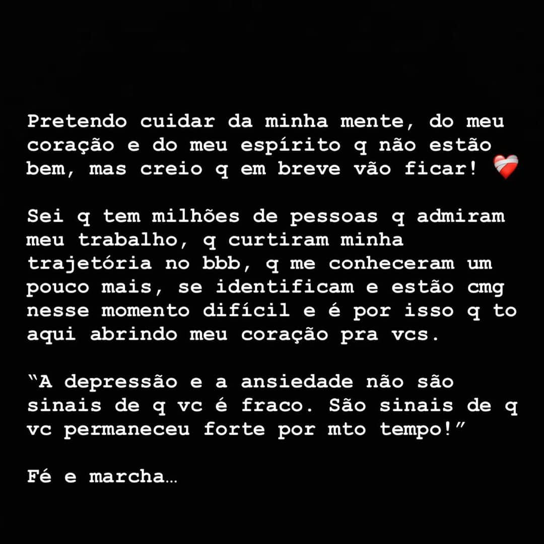 MC Guimêさんのインスタグラム写真 - (MC GuimêInstagram)「CARTA ABERTA pra quem é fã.  Não to bem no momento, ultimamente tem sido embaçado… 🫤  Minha família, meus amigos/as, eqp e fãs tentam me ajudar, me alegrar, mas as vezes eu tenho é vontade de sumir.   Não vim tentar justificar o injustificável, td erro tem suas consequências e eu to passando por essas. Fui eliminado, me redimi, to aprendendo com cada situação e continuam me atacando e atacando pessoas q eu amo. Já perdi mto com td isso, o q querem mais???  Como eu vivo da arte, vivo da música e preciso/gosto de estar aqui divulgando novos projetos pra vcs, tenho q compartilhar esse lado de cá da vida real de um artista q antes de ser artista é um ser humano tb.  Pretendo cuidar da minha mente, do meu coração e do meu espírito q não estão bem, mas creio q em breve vão ficar! ❤️‍🩹  Sei q tem milhões de pessoas q admiram meu trabalho, q curtiram minha trajetória no bbb, q me conheceram um pouco mais, se identificam e estão cmg nesse momento difícil e é por isso q to aqui abrindo meu coração pra vcs.  “A depressão e a ansiedade não são sinais de q vc é fraco. São sinais de q vc permaneceu forte por mto tempo!”  Fé e marcha…」4月11日 9時02分 - mcguime