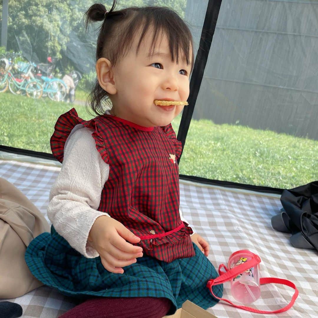 東なつ紀のインスタグラム：「picnic day🥪🍹🤍  日曜日天気が良かったのでいつもより大きな公園へ🤍 去年買ってたテントがすごくよかった〜🤍  来週も行きたい🙋‍♀️ いっぱい食べていっぱい遊んでテントの中でお昼寝もしたよ💤 #ピクニック #テント #LOWYA #公園 #家族day #ファミリア」