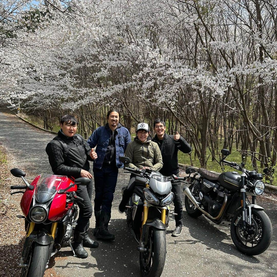 原田哲也のインスタグラム：「韓国に来た目的はこれ！ ツーリング＆焼肉‼️ 韓国はまだ桜も咲いていて最高！実は先日triumph スペイン試乗会で韓国ジャーナリストのジェイクとお友達になりお言葉に甘えて早速韓国に！今回オーガナイズしてくれたジェイク&triumph koreaの皆さんありがとうございました😊 #araihelmet #dainese #triumphkorea#korea#ツーリング#韓国#韓国ツーリング#motorbike」