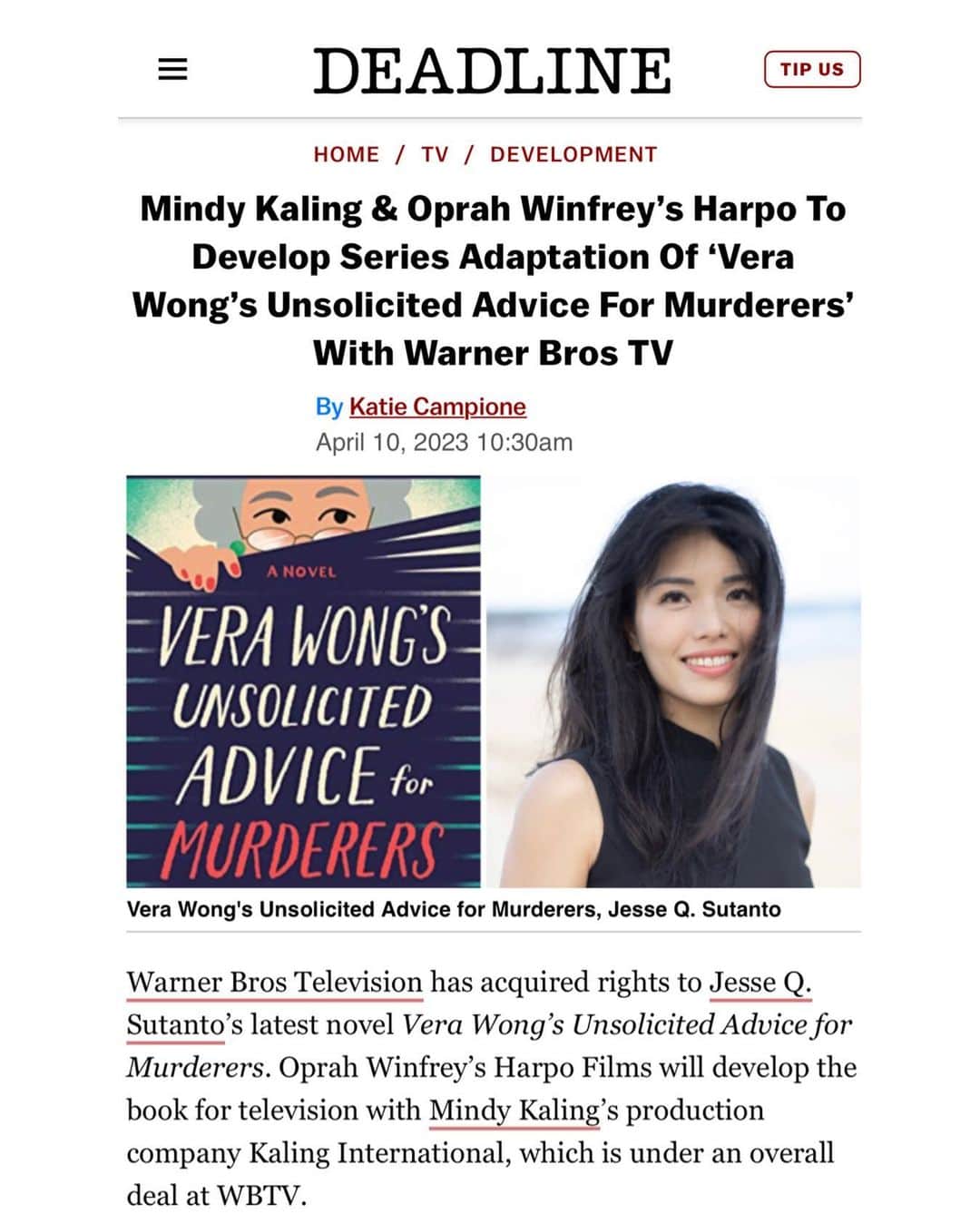 ミンディ・カリングのインスタグラム：「With the title “Vera Wong’s Unsolicited Advice for Murderers”, I was already inclined to love @jesseqsutanto’s book. Then it turned out to be this thrilling and completely original story. And to be able to partner with Harpo and icon @oprah and learn from them is exactly why we make TV at all. Can’t wait for you to meet Vera Wong! 😍🎉」